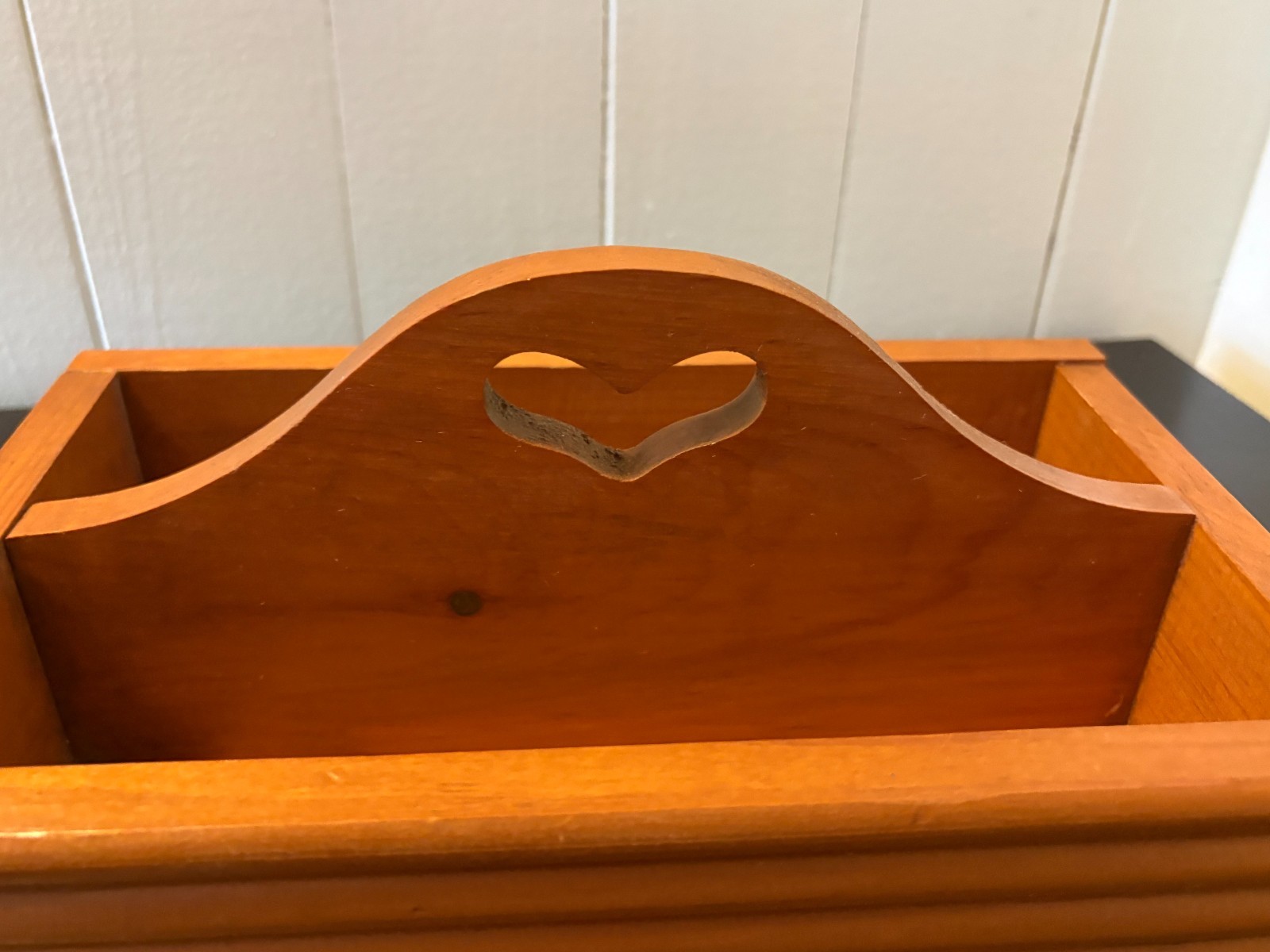 Vtg Primitive Wood Caddy Tote Heart Handle Divided Farmhouse Toolbox 10x6x2.5
