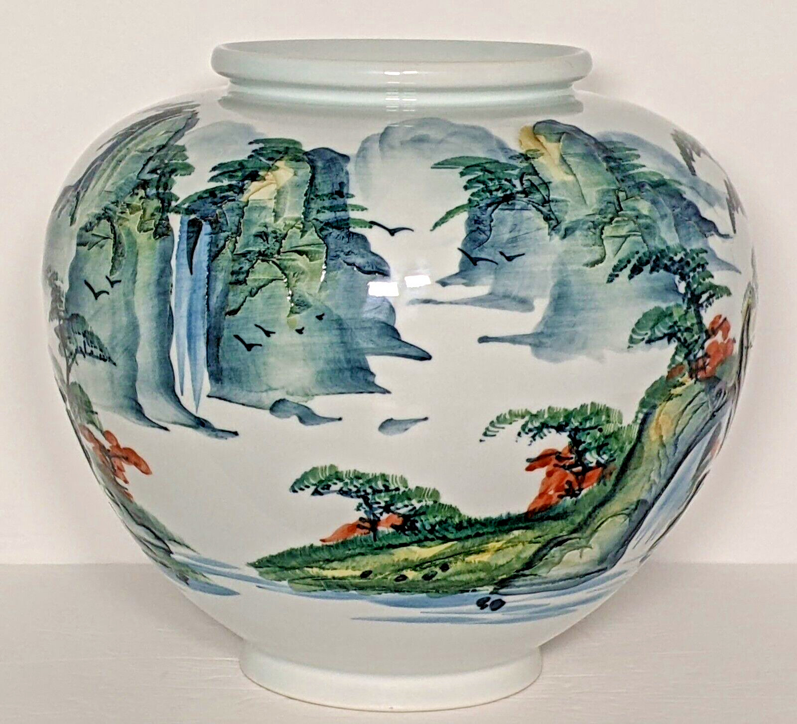 Handmade Korean Baekja Porcelain with Landscape Painting and Carvings 9.5″ Tall