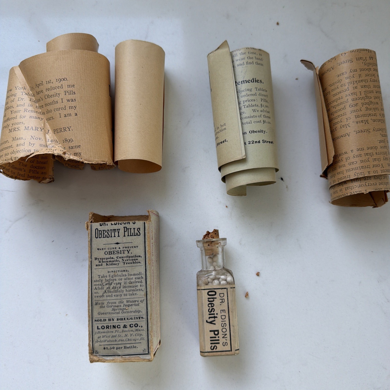 Antique Dr. Edison’s Obesity Pills Bottle Box Pamphlets Patent Med Weight Loss