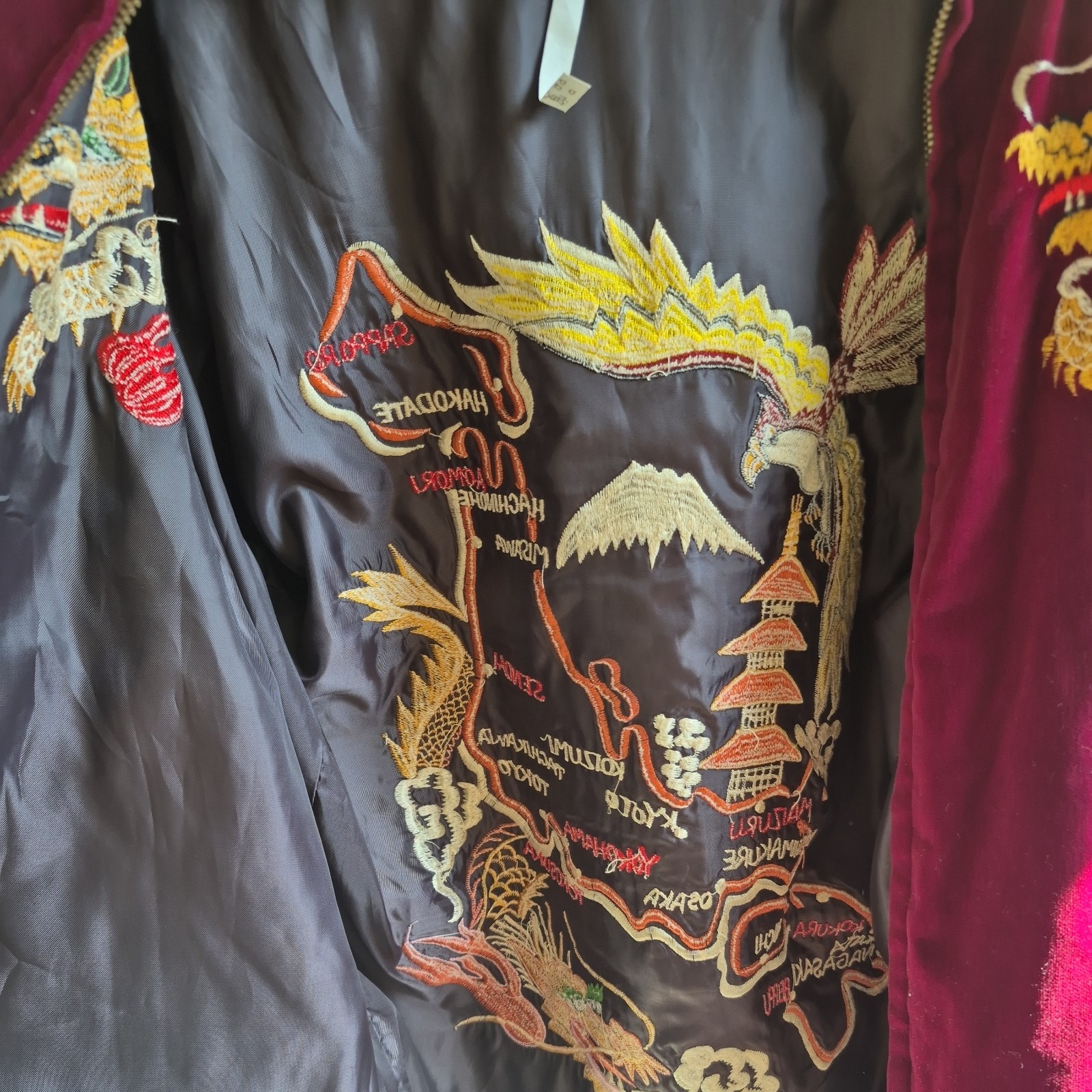 Vintage 1950s 1960s Japanese Sukajan Souvenir Jacket, Red Velvet Embroidery