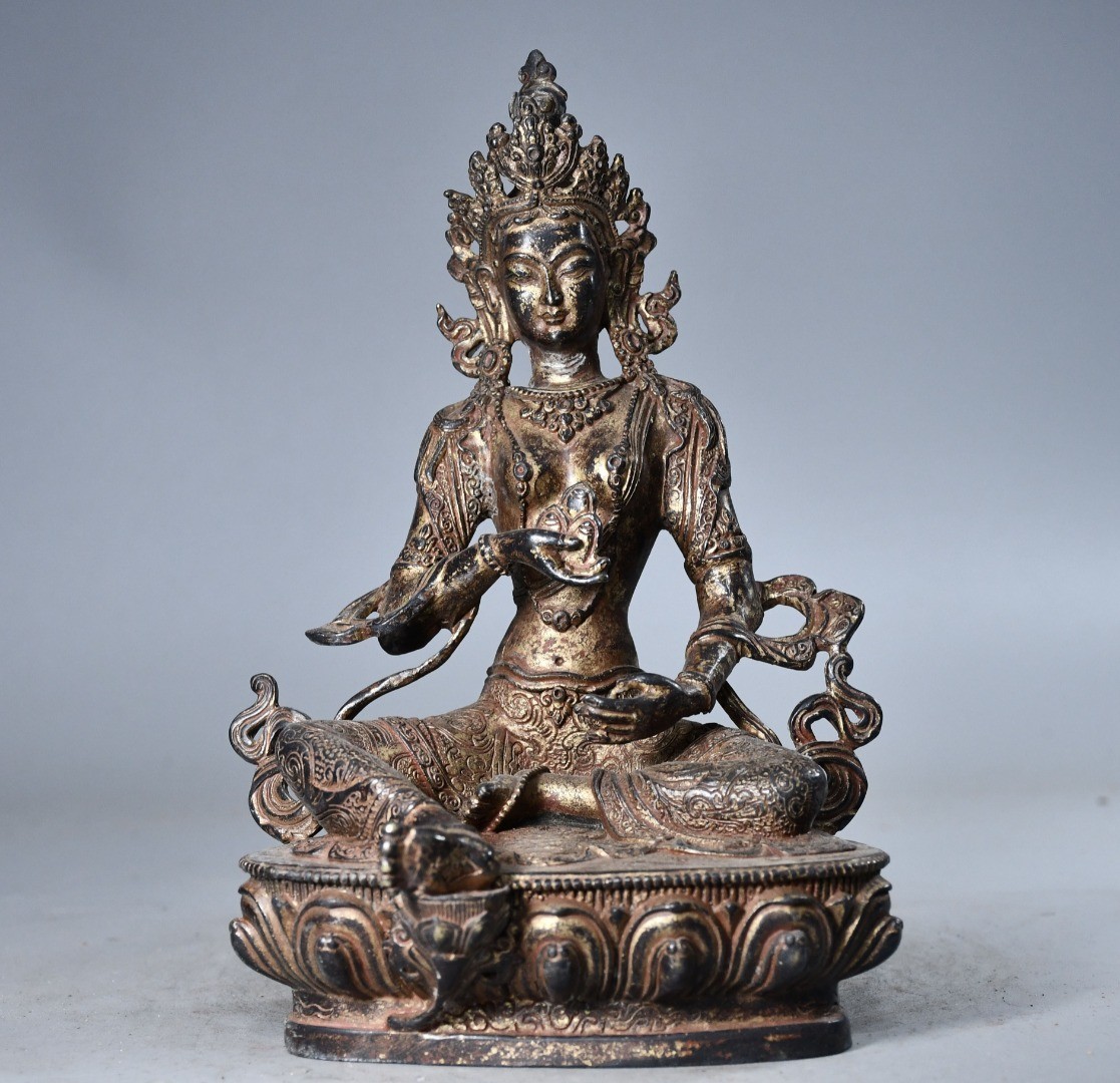 8.3″ China Old Ancient Tibetan Buddhism Bronze Gilt Green Tara Buddha Statue