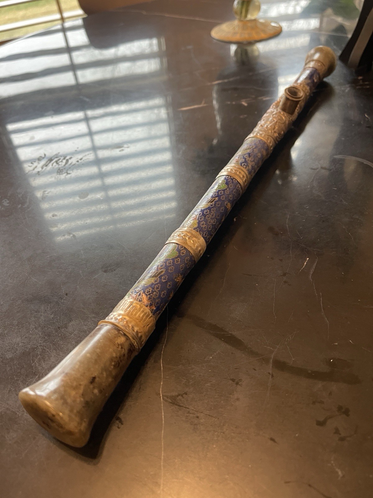 Antique Chinese Cloisonné & Jade Pipe-Phoenix-Patong. 19th Century
