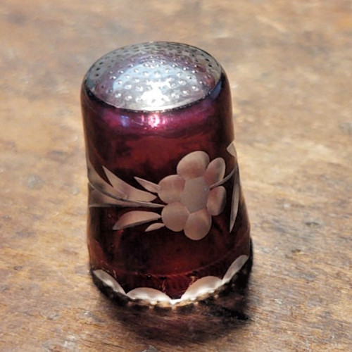 Vintage Cranberry Cut to Clear Crystal Flower Leaf Saw Tooth Edge Thimble