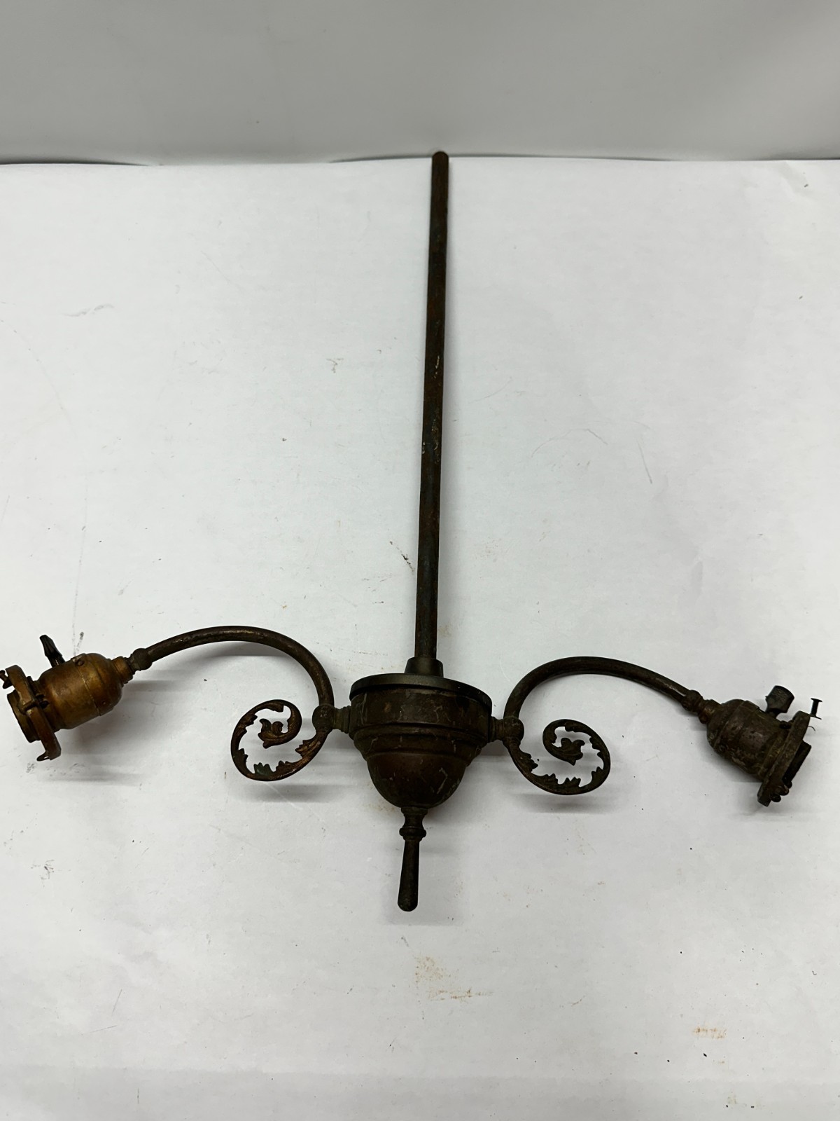 Antique Double Arm Brass Hanging Electric Light Fixture w/ Shade Holders Mica L1