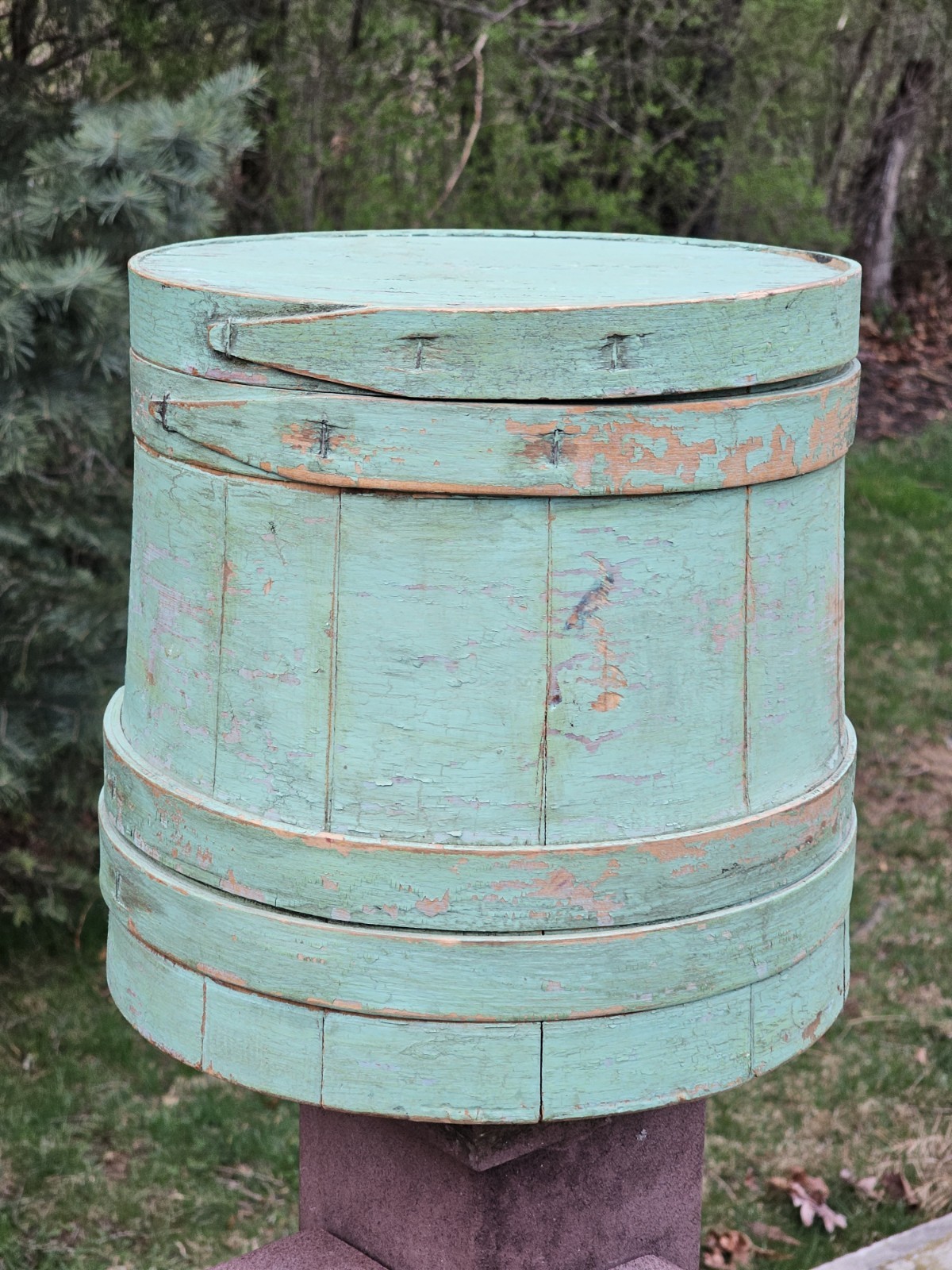 Antique Pennsylvania Apple Green Paint Shaker Firkin Wooden Sugar Bucket