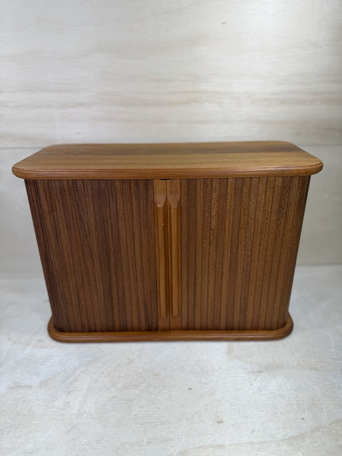 Vintage Mid Century Eppco Enterprises Teak Tambour Slide Door Wall Mount Cabinet