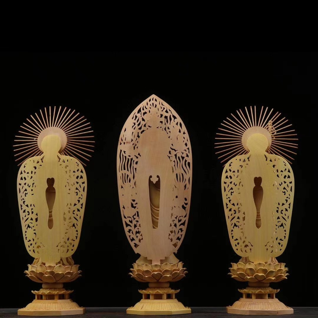1Set 3Pcs Chinese Boxwood Carving Ru-lai Guan-yin Di-zangwang Buddhism statue