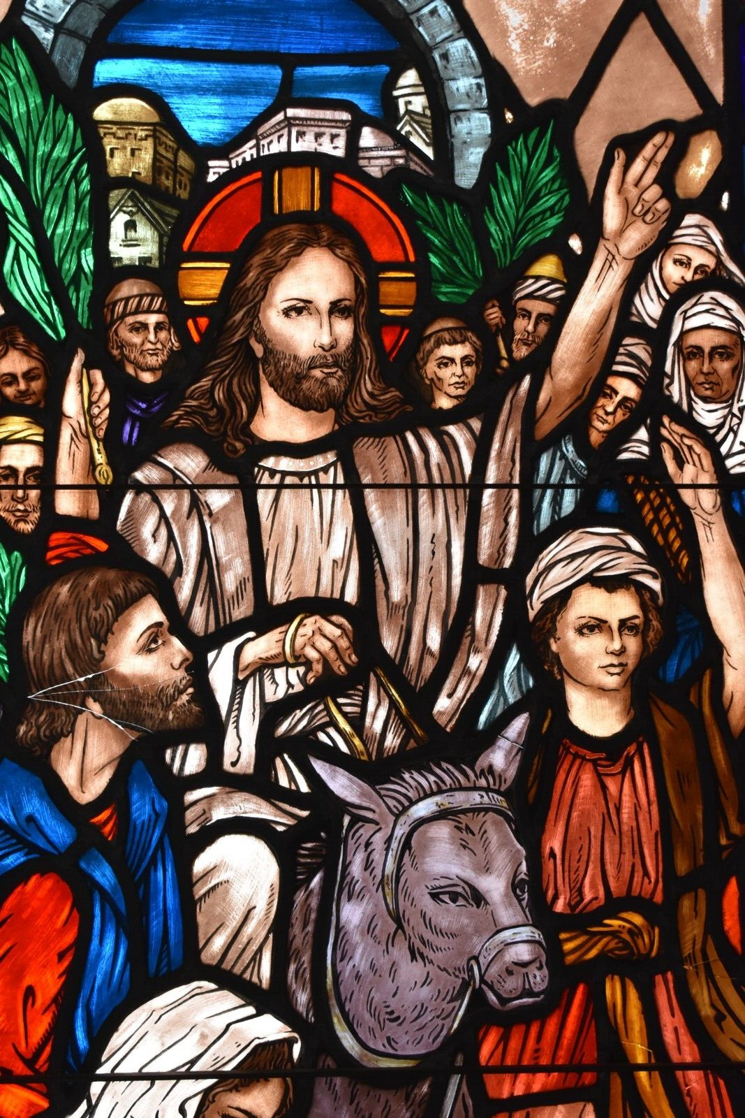 + Stained Glass Church Window, Jesus with Donkey, 49 3/4″ x 22 3/4″ (FPR25)