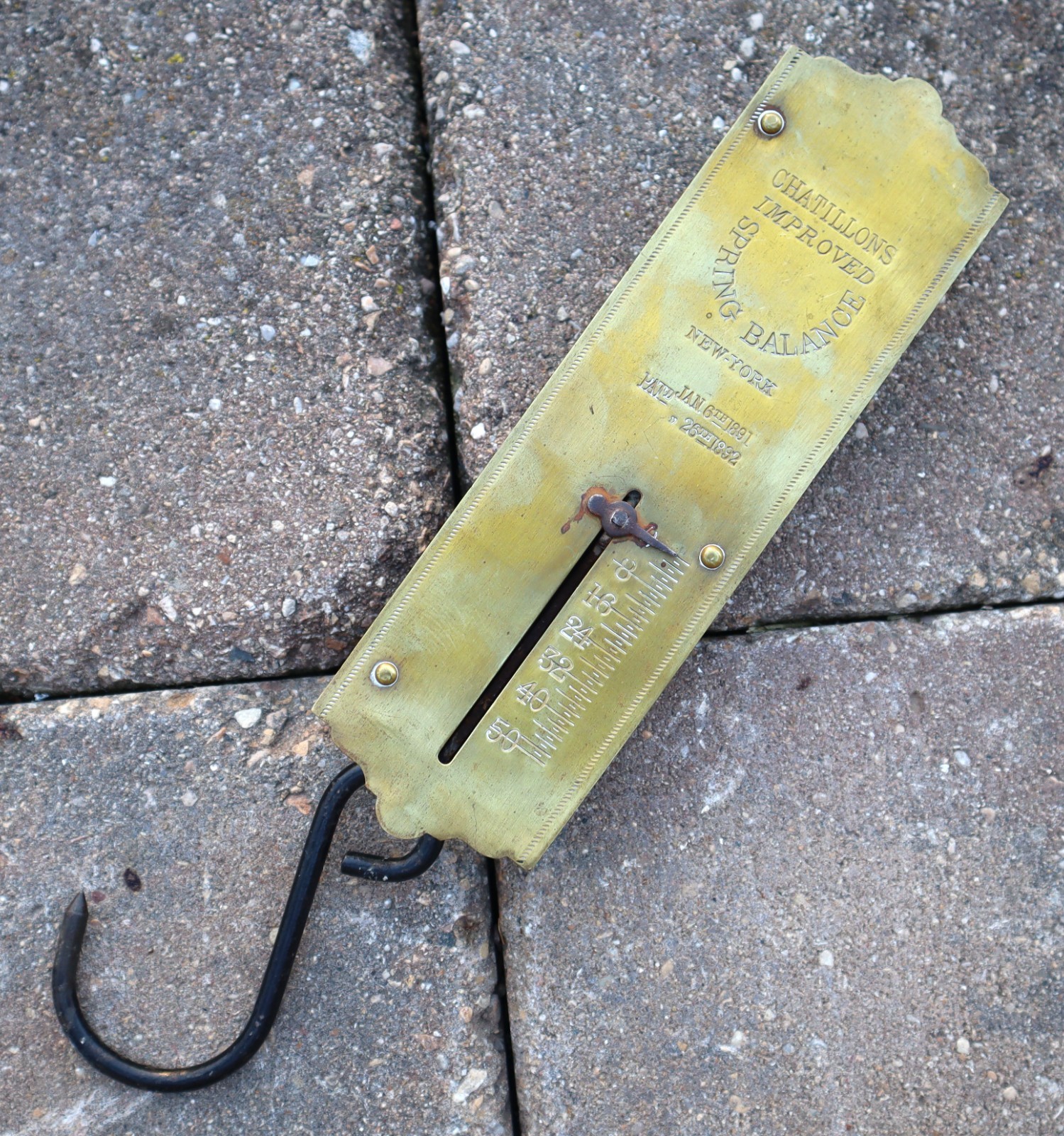 Vtg Chatillons Improved Spring Balance Brass Face 50lbs Hanging Scale Ptd 1891-2