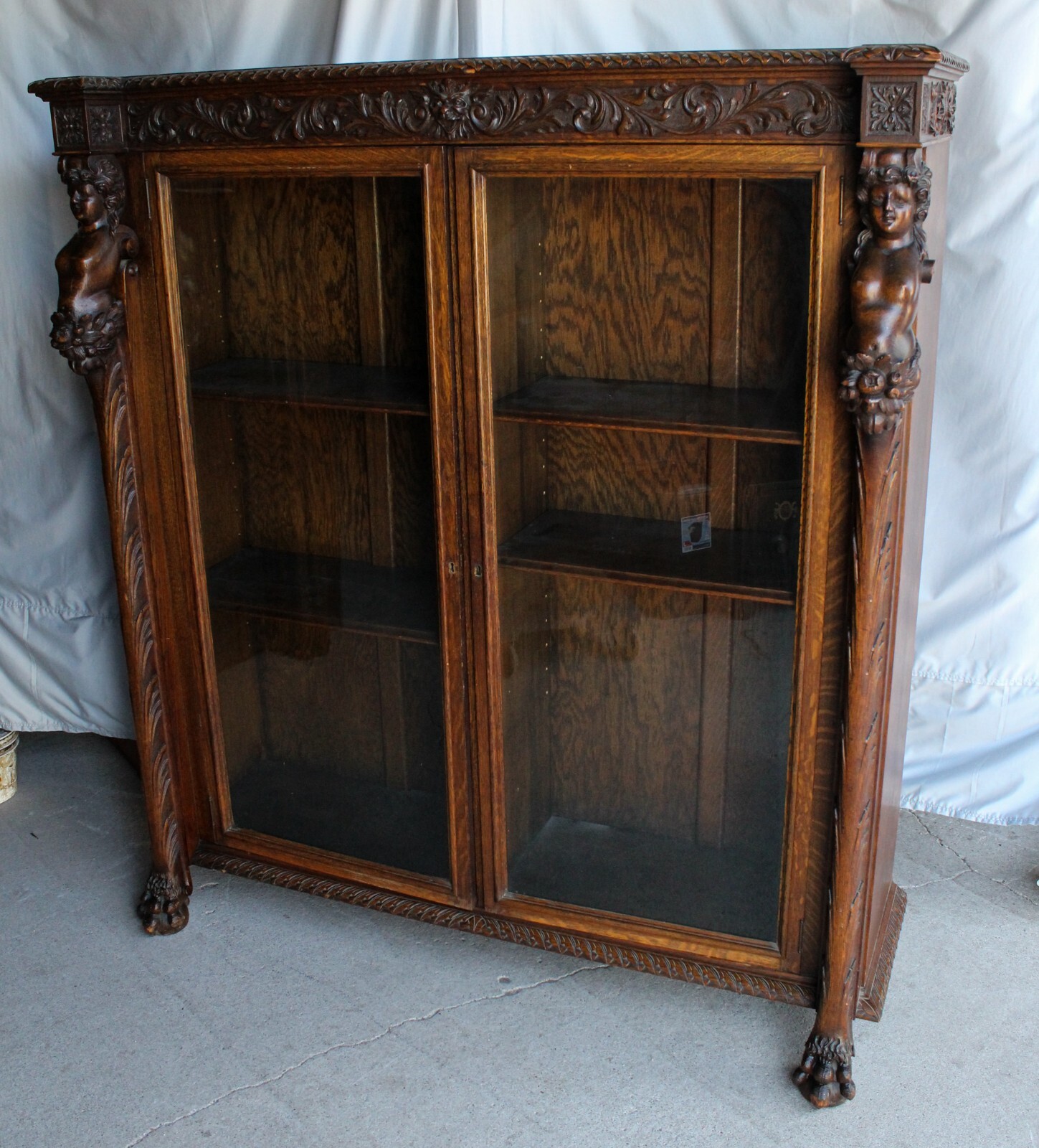 Antique Double Door Oak Bookcase with Highly Carved Maidens – RJ Horner Company