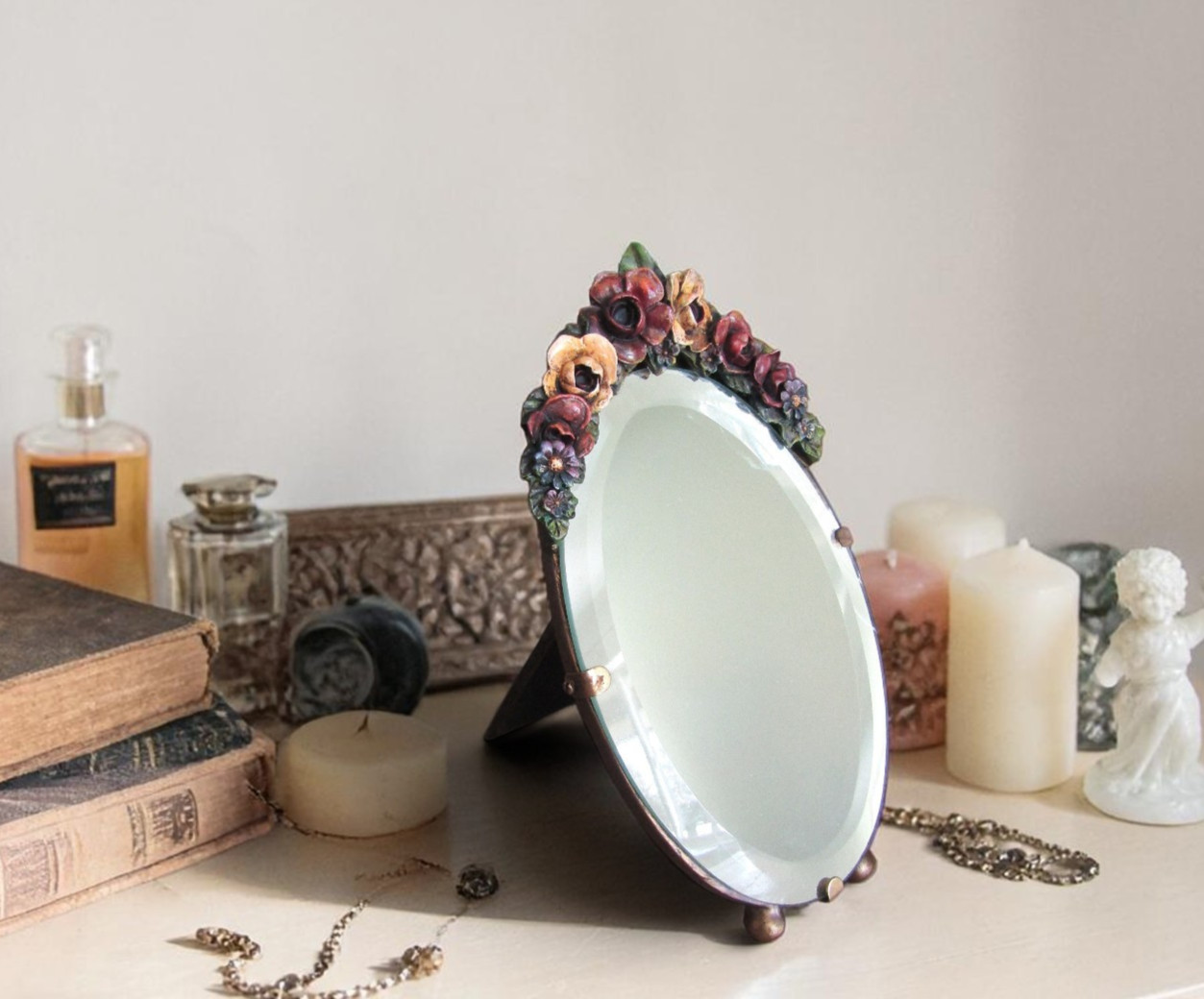 Vintage Reproduction Barbola Small Dresser Tabletop Mirror English Bedroom Decor