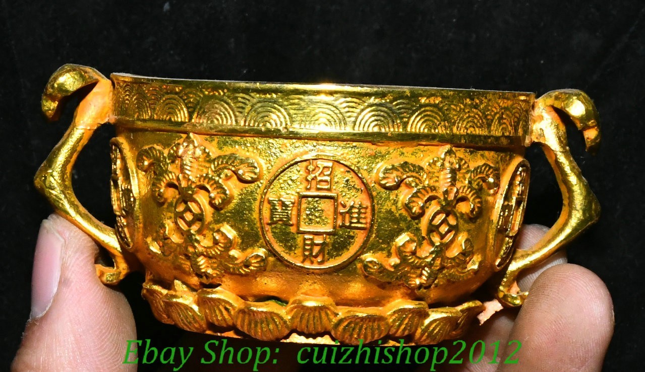 4″ QIanlong Dynasty Copper Gilt Coin Money Wealth 2 Ruyi Ear Cup Mug Glass