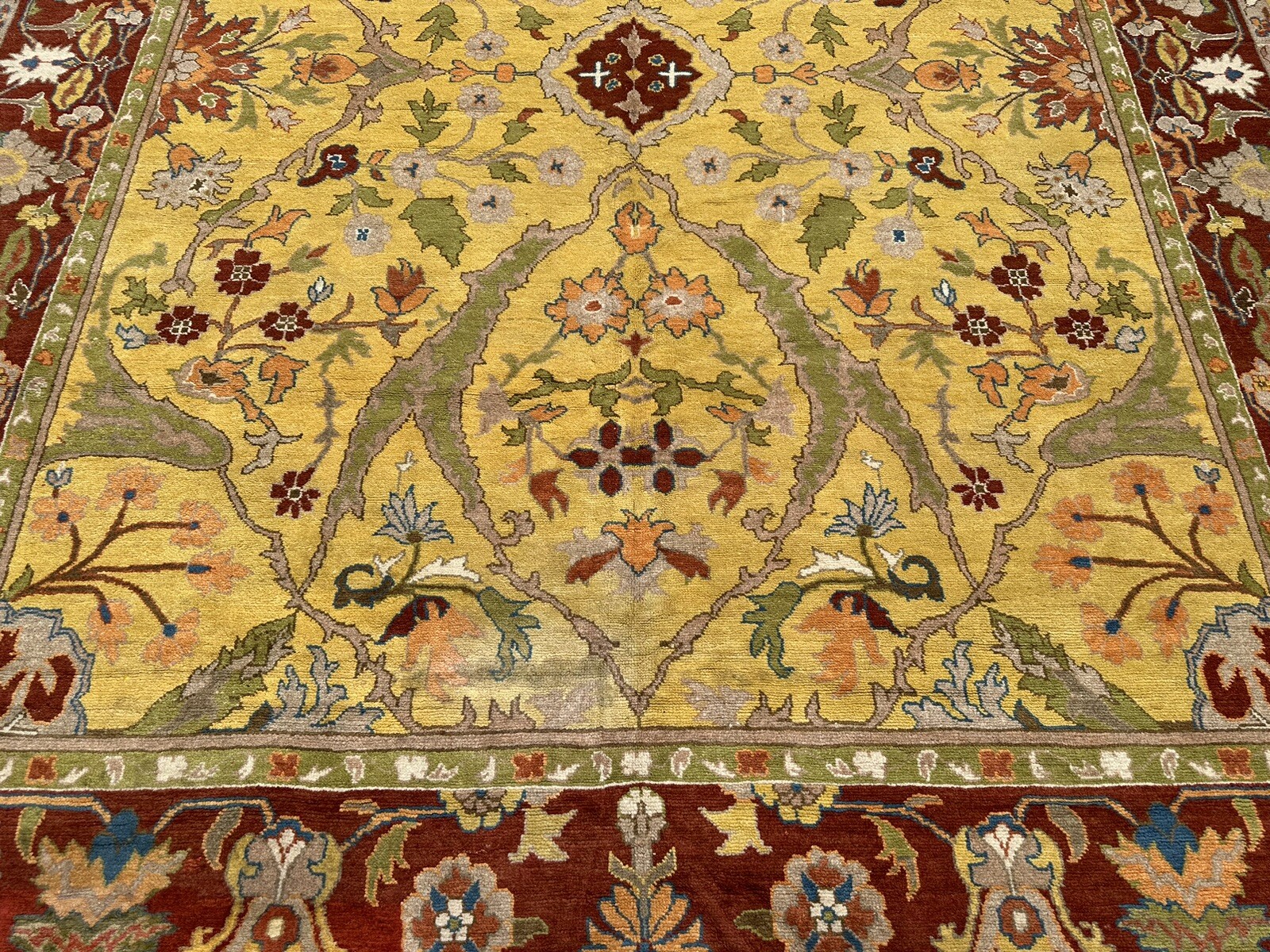 C 1910s ANTIQUE FINE DECORATIVE INDIAN AGRA RUG 8×10.3 MINT_GOLD FIELD_ROOM SIZE