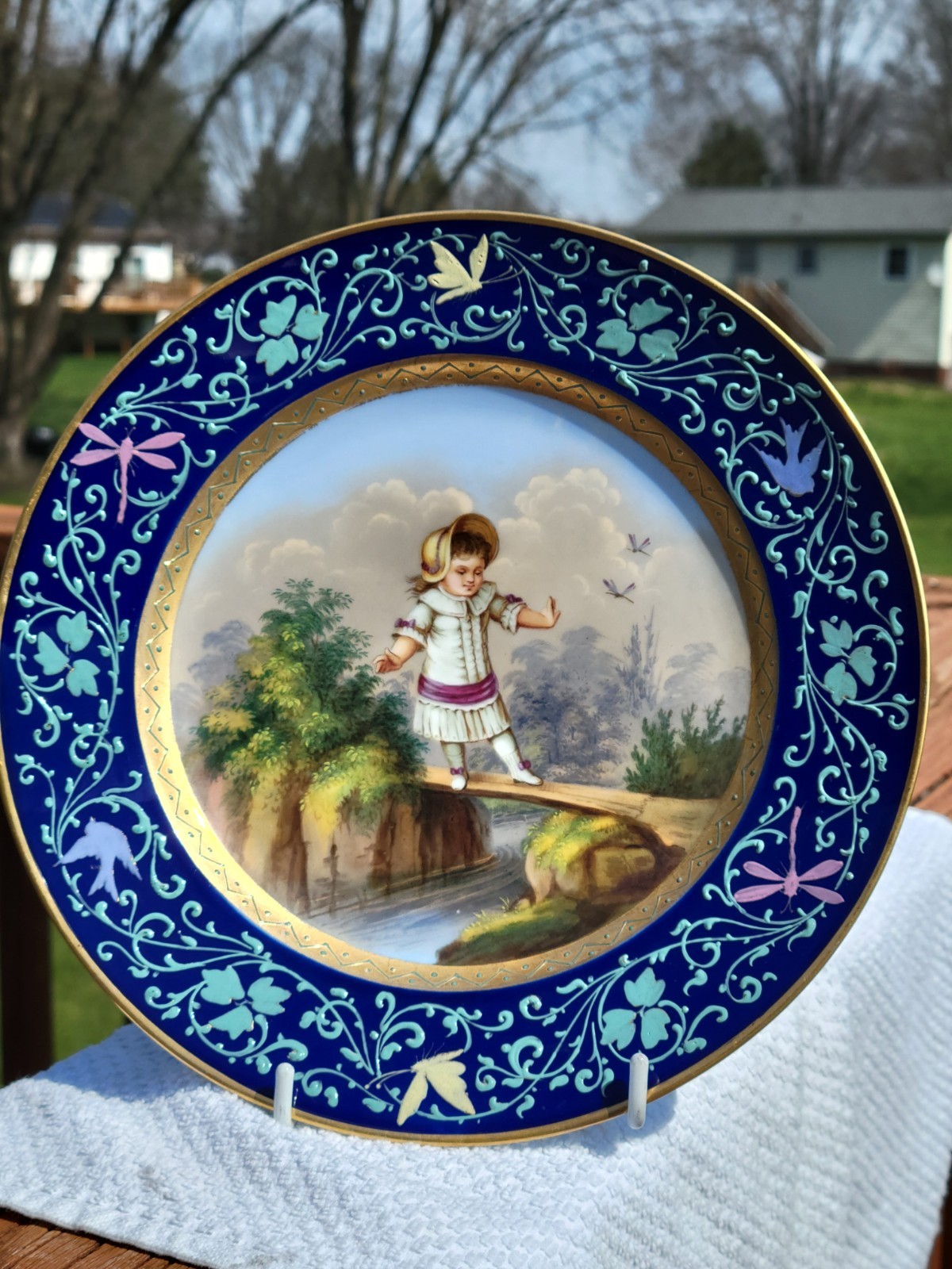 Antique Victorian Cobalt Royal Vienna Hand Painted Girl Butterfly Portrait Plate