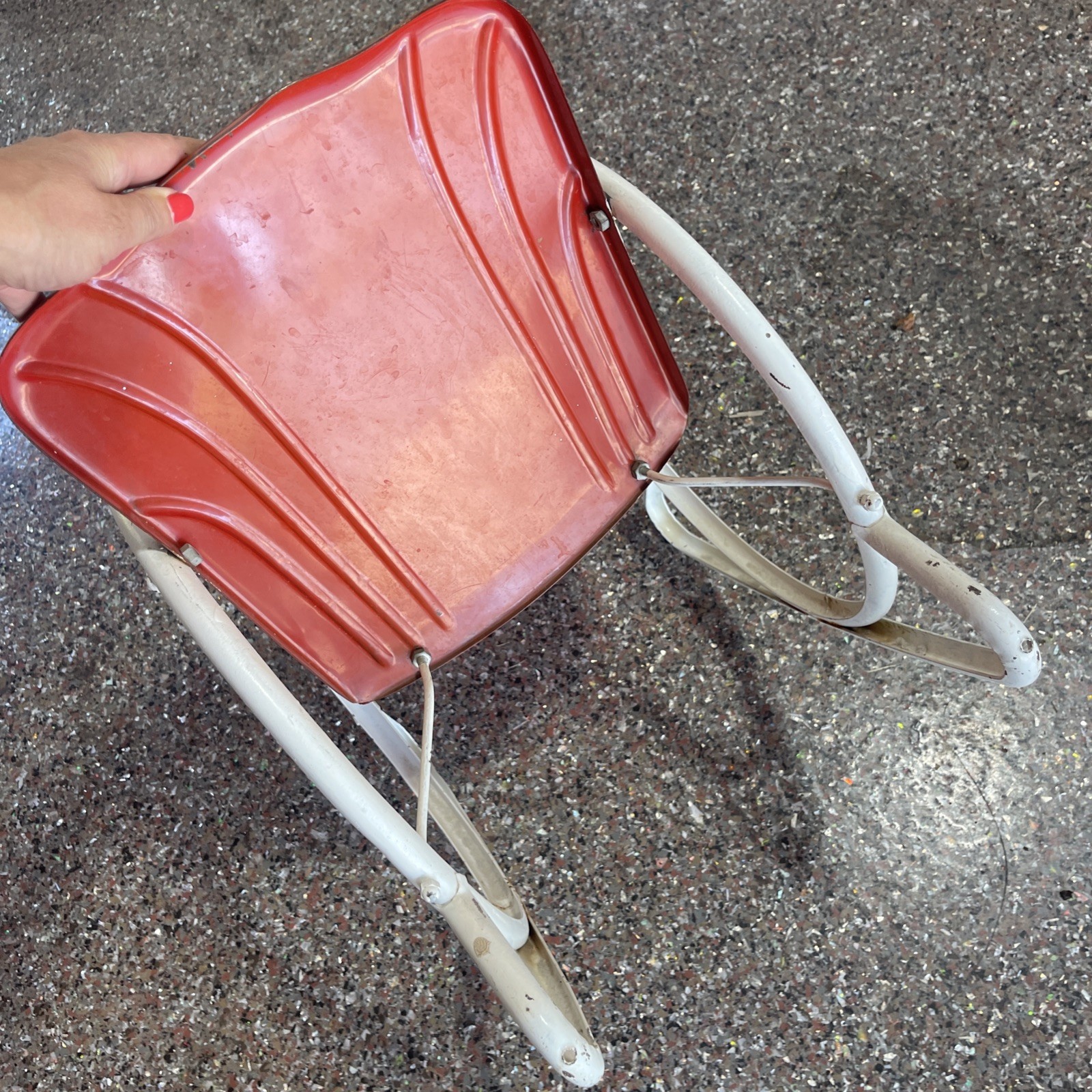 Antique 1940’s Ring a Rock Pressed Steel Metal Childs Rocking Chair Orange