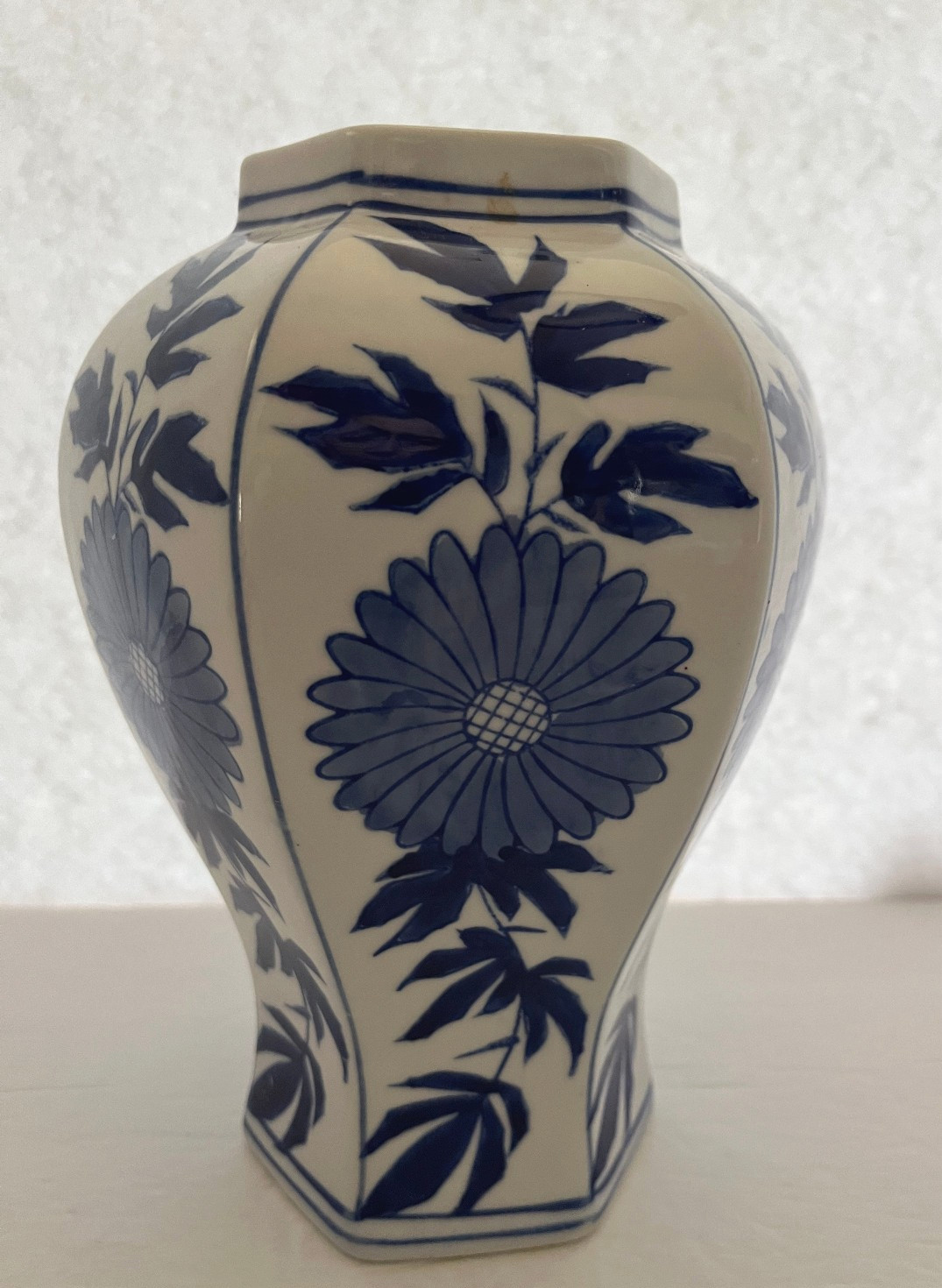 Blue And White Ceramic Vase Octagonal 8.5 inches Tall