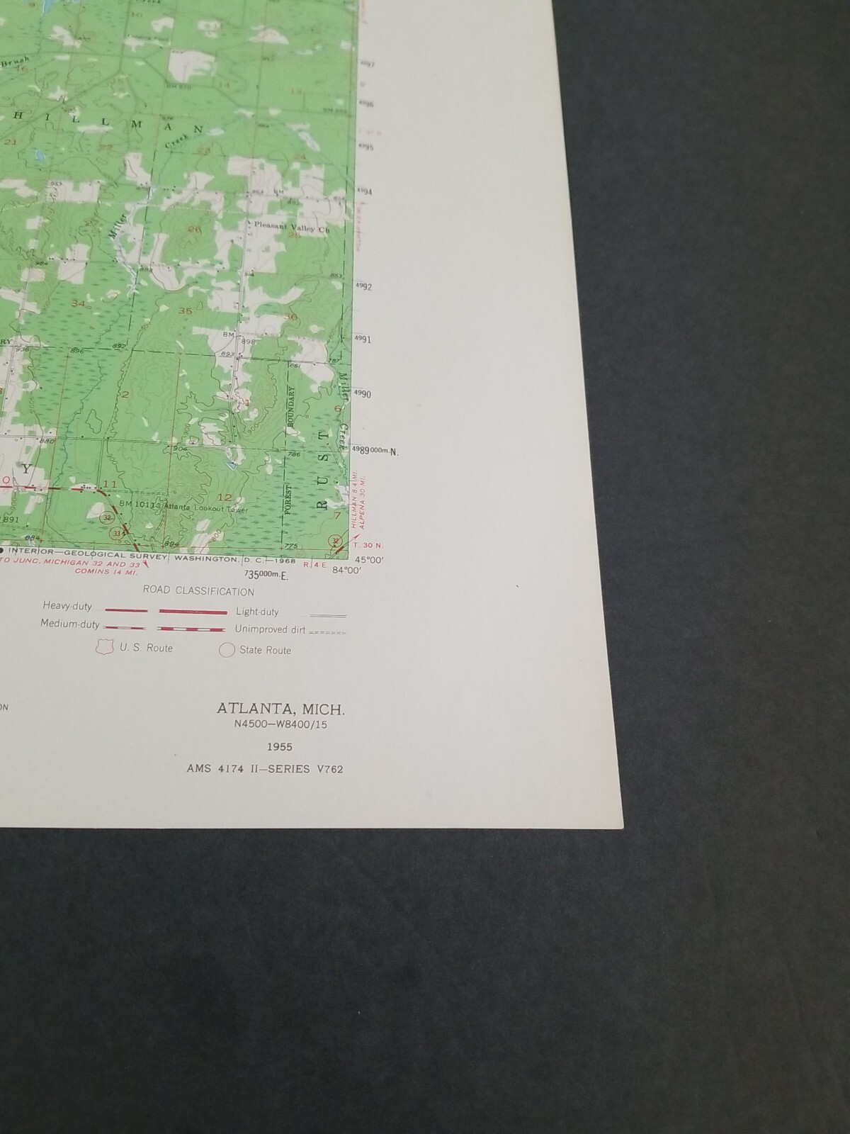 ATLANTA MICHIGAN ORIGINAL 1955 USGS QUADRANGLE 17X21 MAP EXCELLENT CONDITION