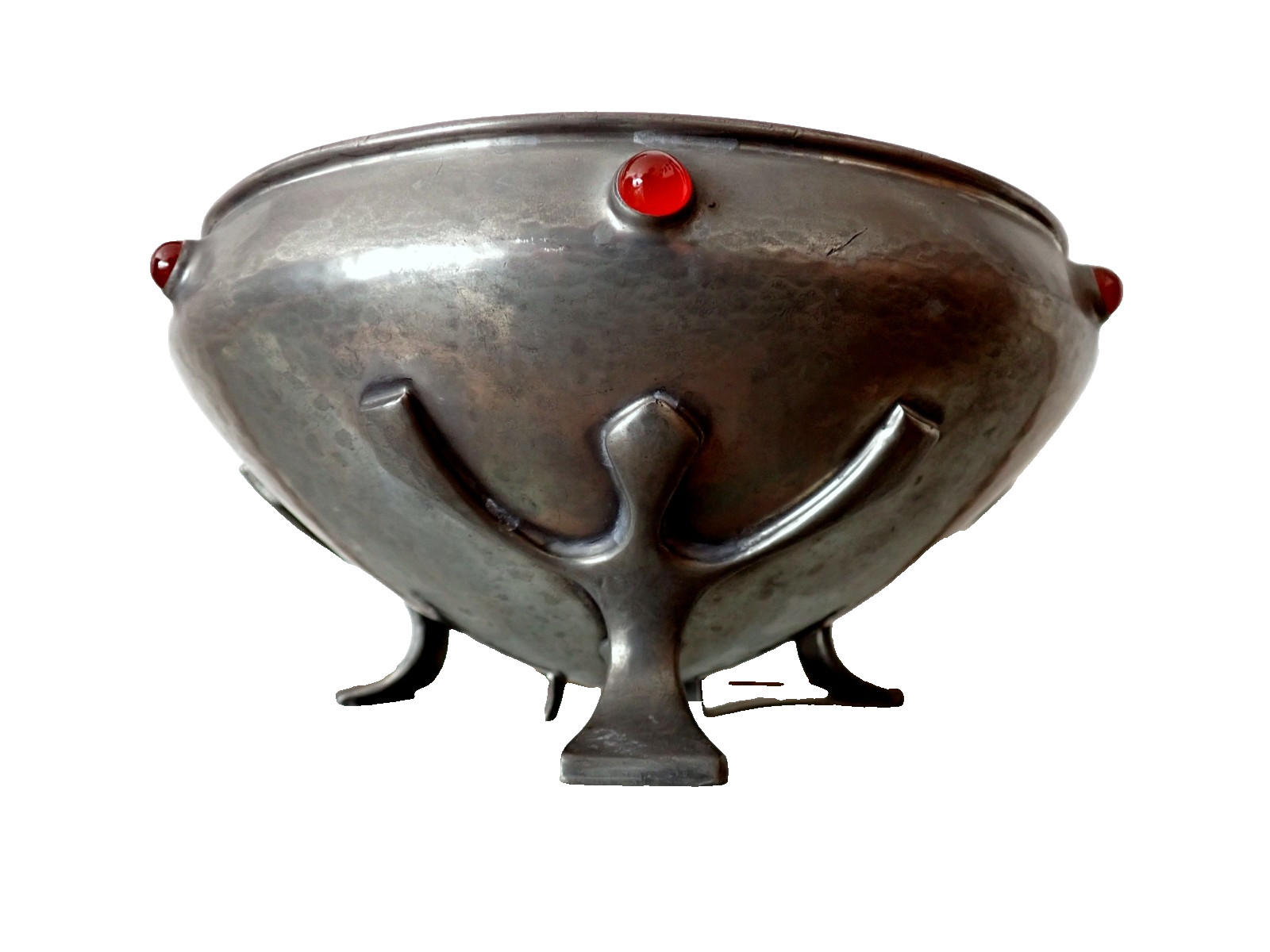 Liberty ARTS CRAFTS Pewter Bowl OLIVER BAKER London Red Cabochon Antique c 1920