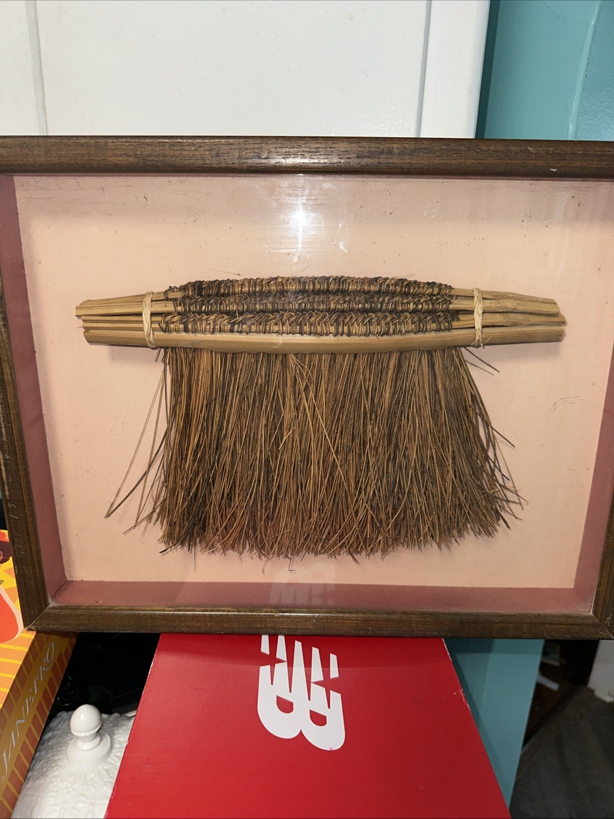 African Ethnic Tribal Art Wood Framed Glassed Bamboo Brush 17x13x2″ Antique Vtg