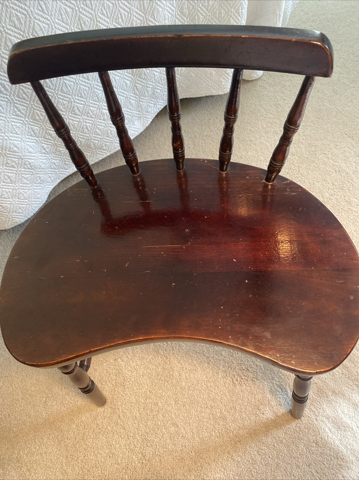 Vintge Solid Wood Spindle Back Kidney Shaped Accent / Vanity Chair Seat 18” H
