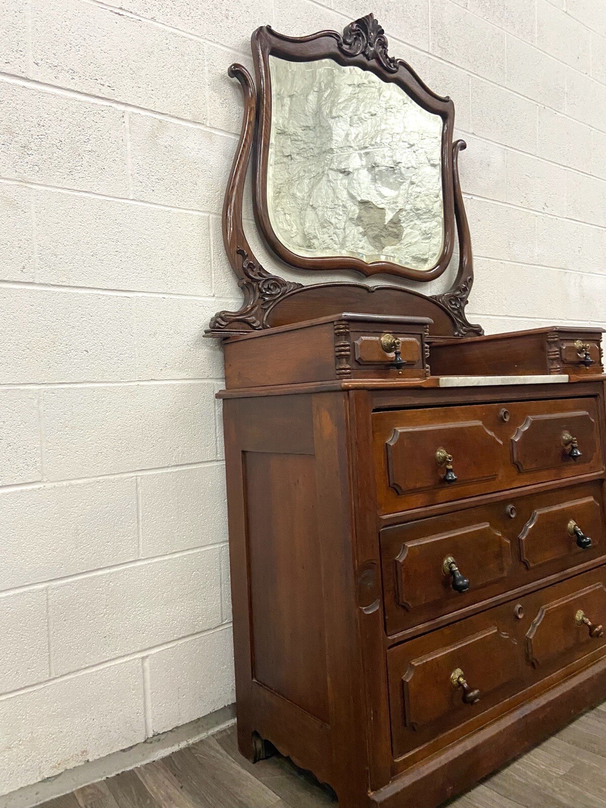 Antique Victorian Walnut and Marble Five Drawer Dresser With Mirror