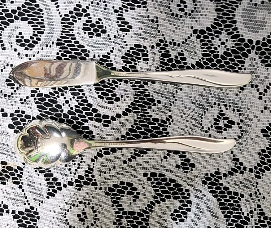 MID-CENTURY c1956 SEA WINGS🪽SILVERPLATED MASTER BUTTER KNIFE & SUGAR SPOON🧈🍚