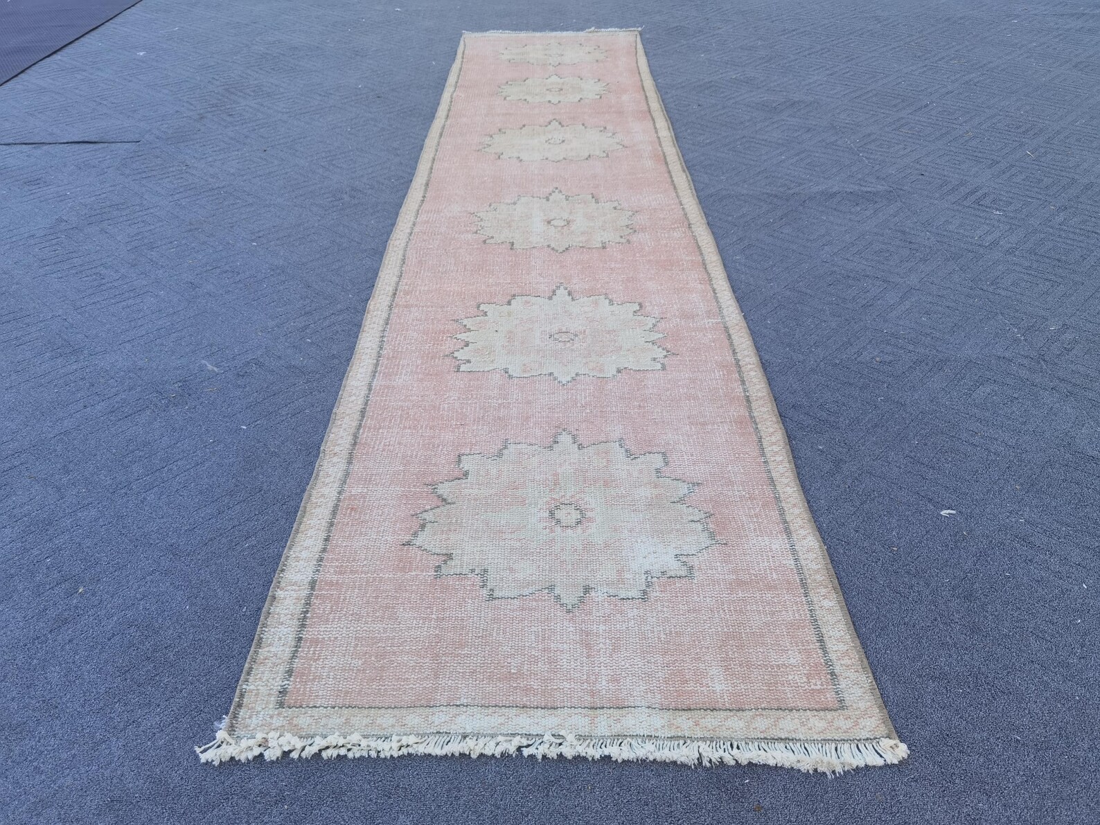 Vintage Turkish Oushak Runner 2×10 ft Hand Knotted Wool Red Cream Charcoal Boho