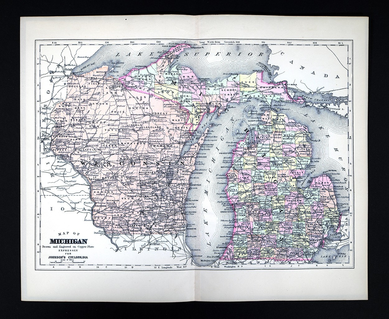 1896 Johnson Map Michigan Wisconsin Detroit Madison Lansing Marquette Milwaukee