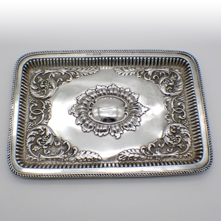 English Ornate Rectangular Tray Sterling Silver 1902 Mono M