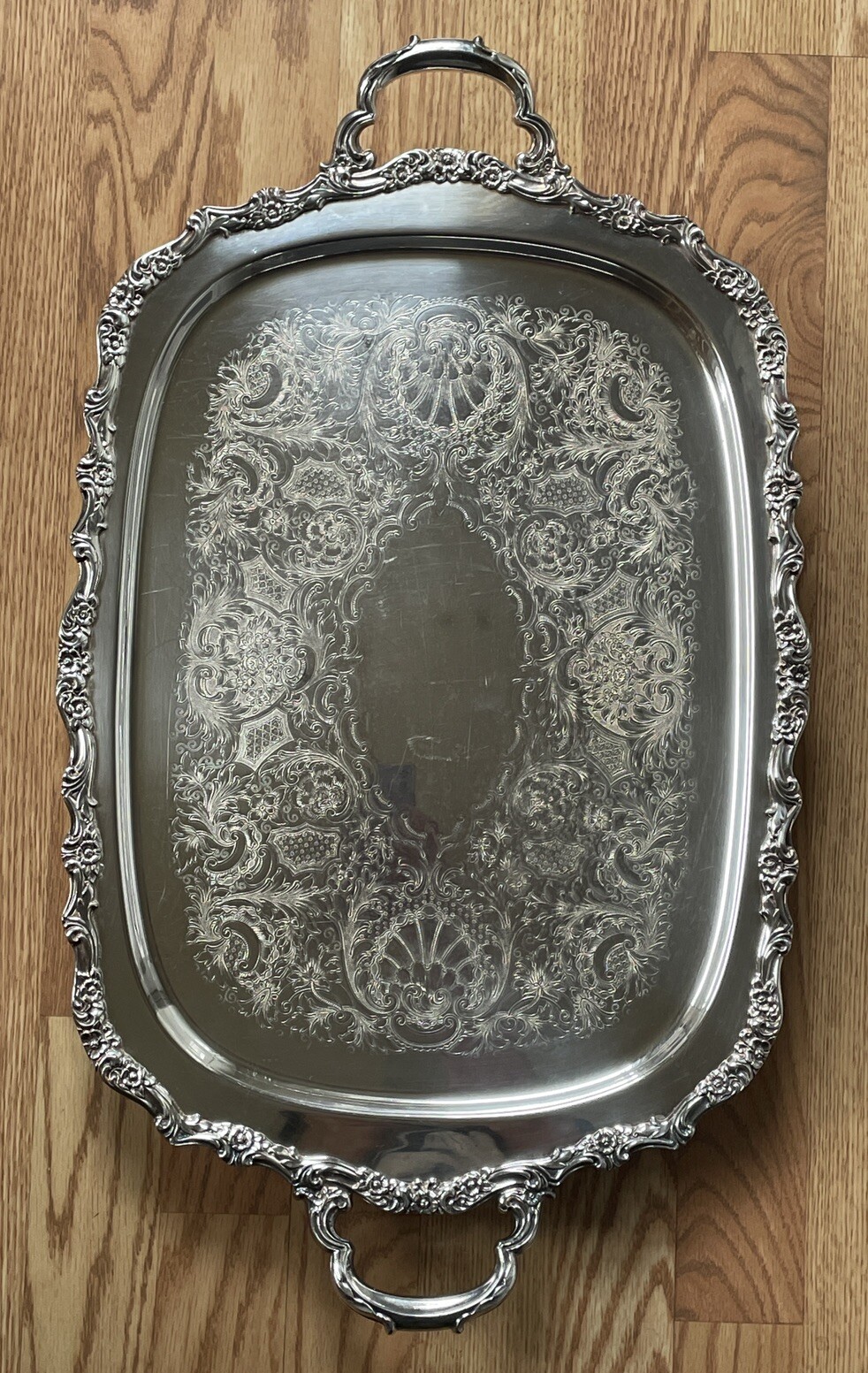 VGT INT’L SILVER HEAVY 20.5” LONG SILVER PLATE FOOTED TRAY W/HANDLES “COUNTESS”