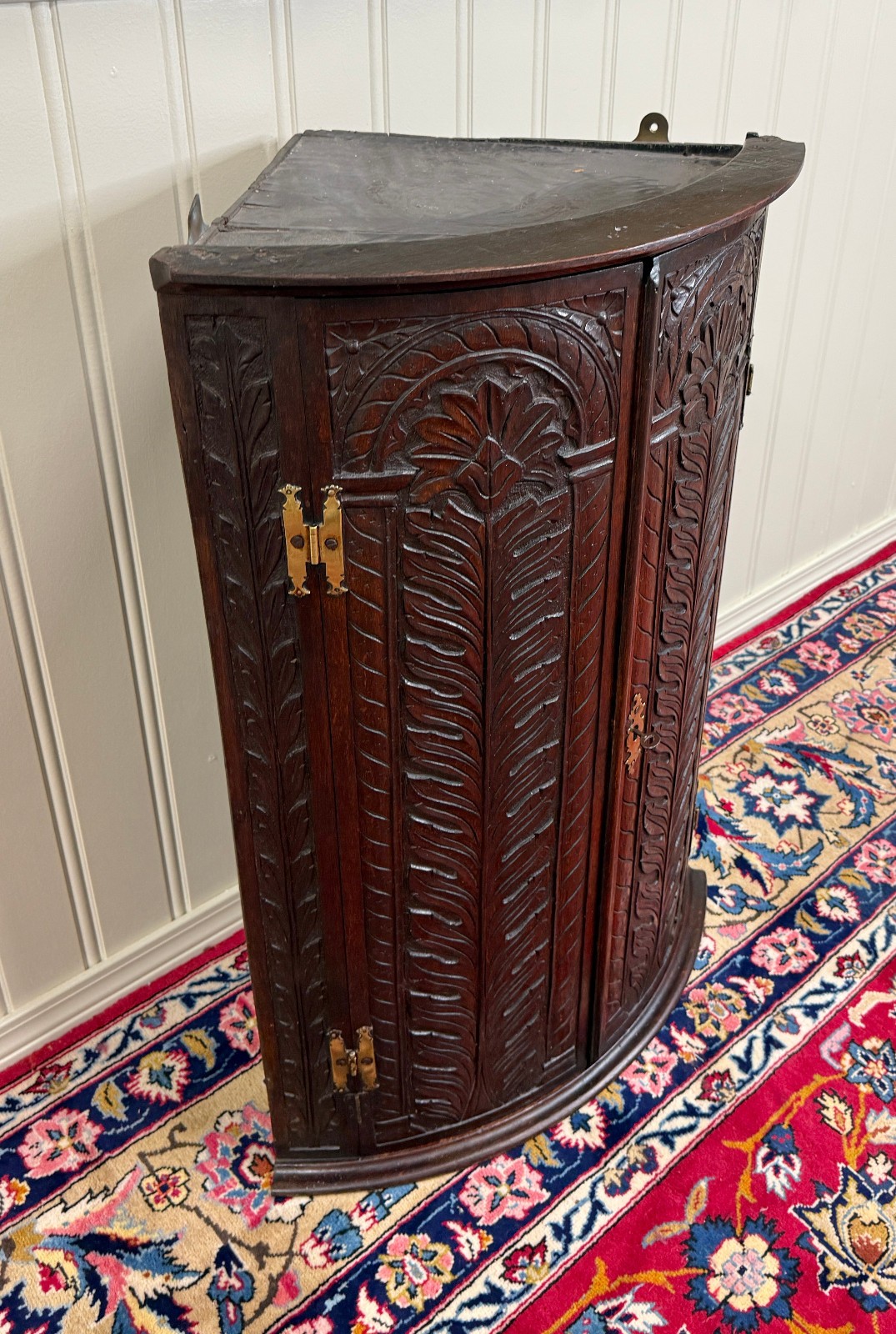 Antique English Corner Cabinet Carved Oak Hanging Wall Cabinet Storage 19C