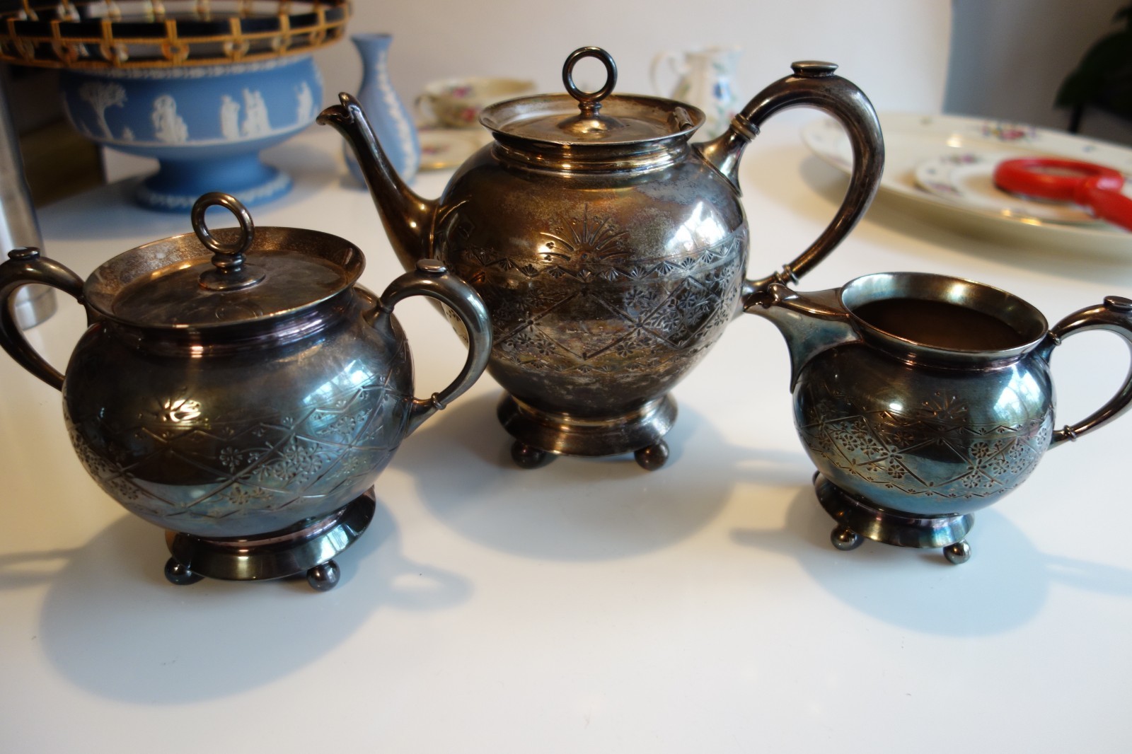 Antique Silverplate Tea / Coffee Set by Meriden B Company 1906 Pot,Sugar,Cream