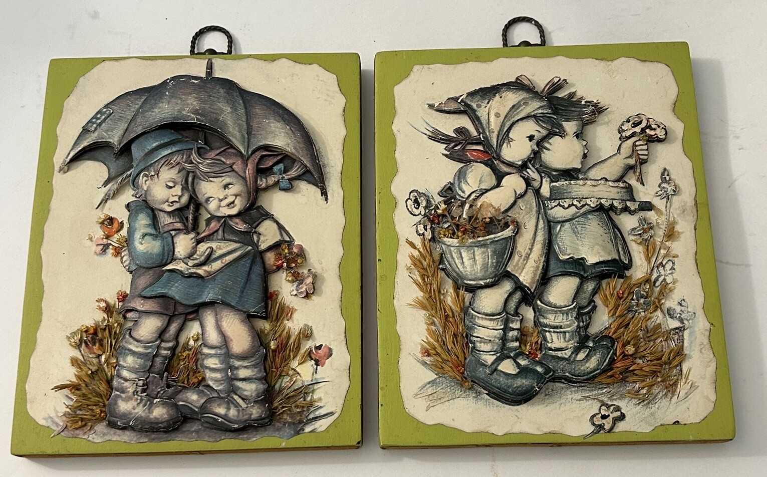 VINTAGE PAIR – LITTLE BOY & GIRL TOGETHER KISSING; 3-D WOOD FRAMED WALL DECOR