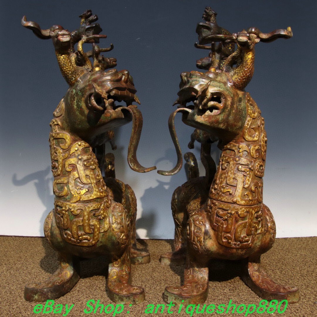 23.6” Old Chinese Dynasty Bronze Ware Gold 9 Head Dragon Beast Statue Pair