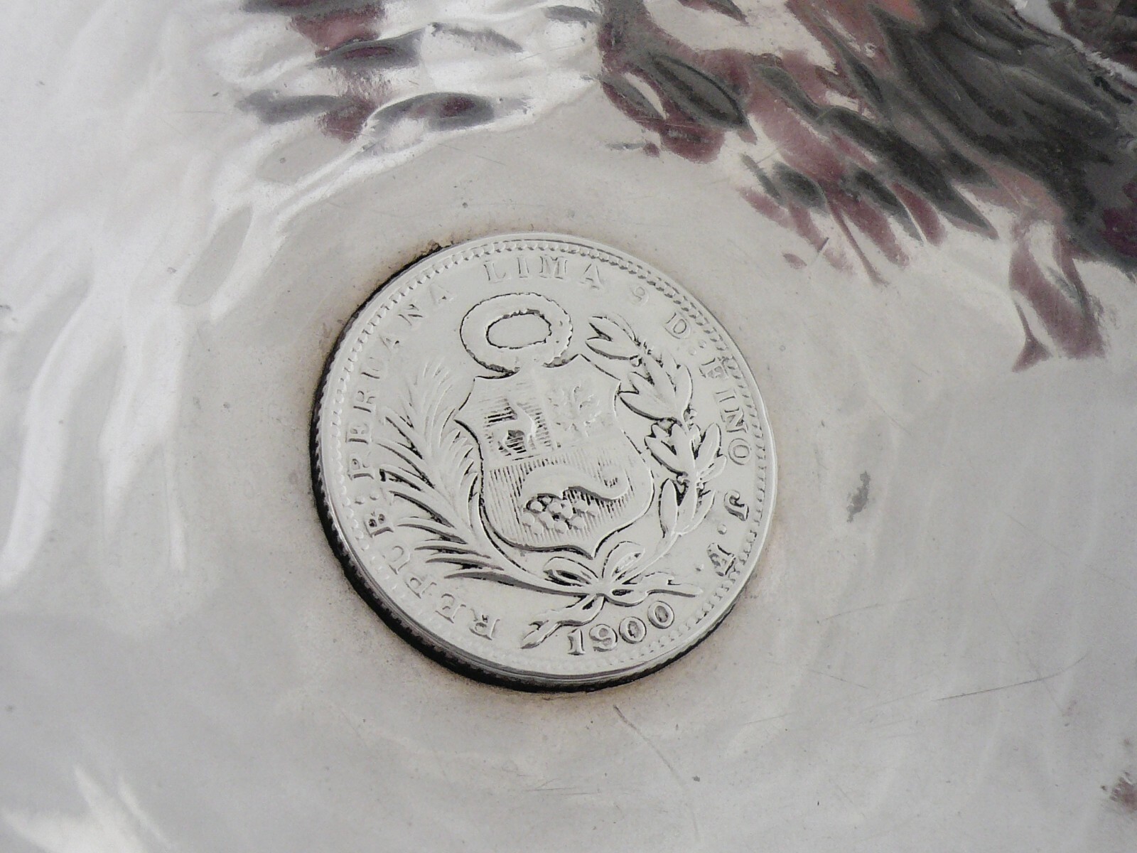 Peruvian Sterling Silver Dish with 1900 Peruvian Silver Coin, J Tavara