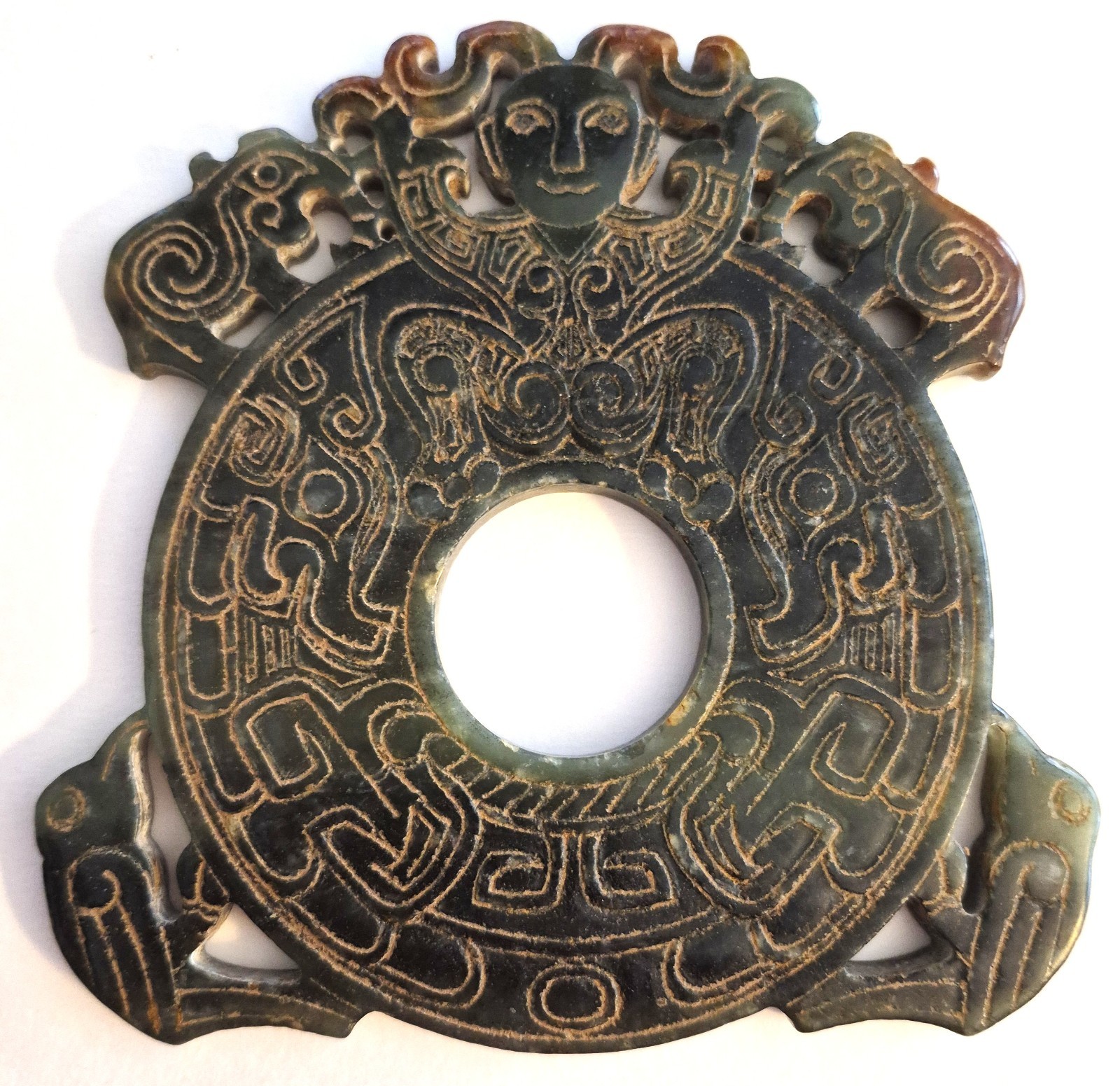 Large Chinese Carved Jade Yubi Bi Person with Animals Statue