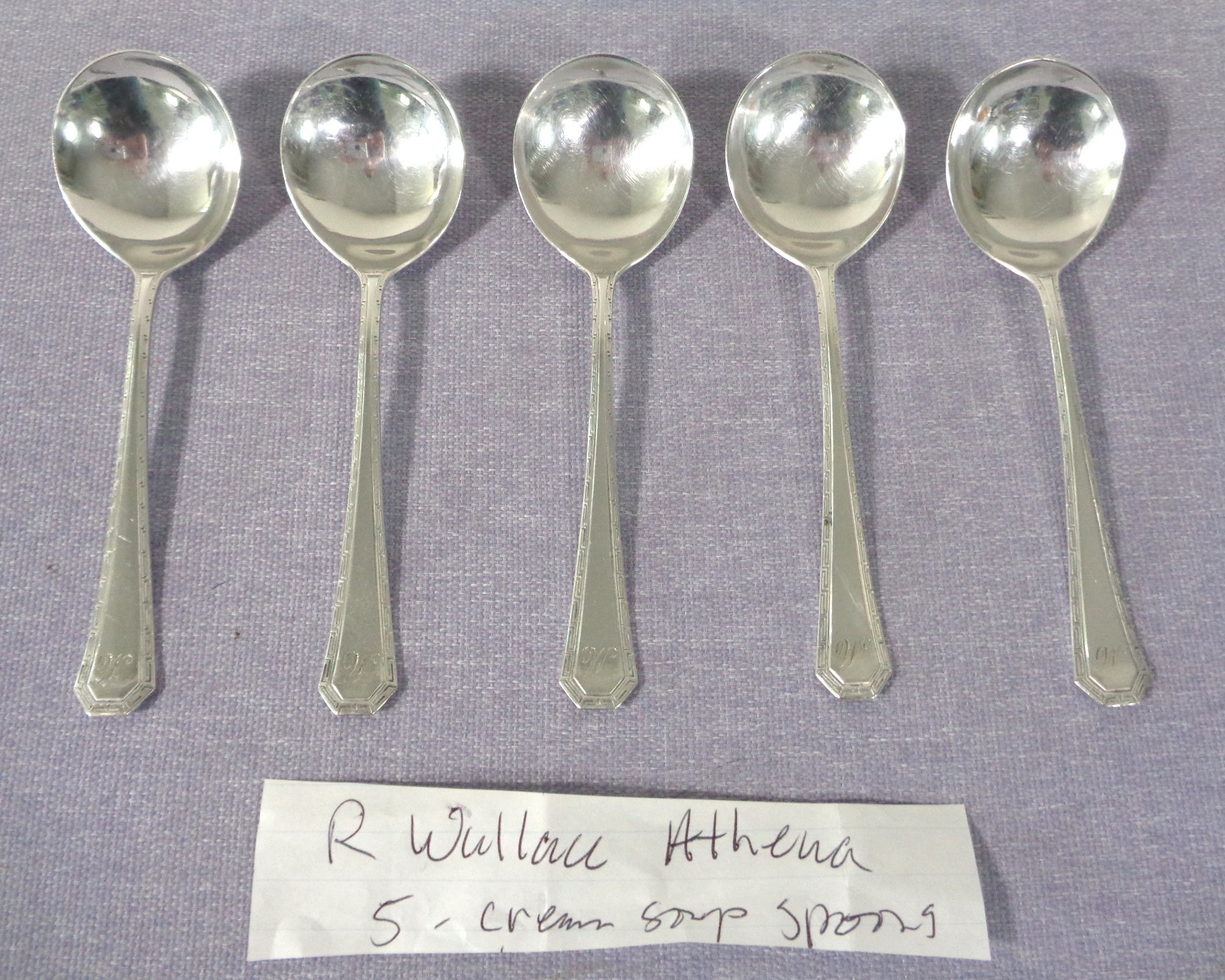 1836 R Wallace Silverplate Athena Set of 5 – 5 3/8″ Cream Soup Spoons M mono