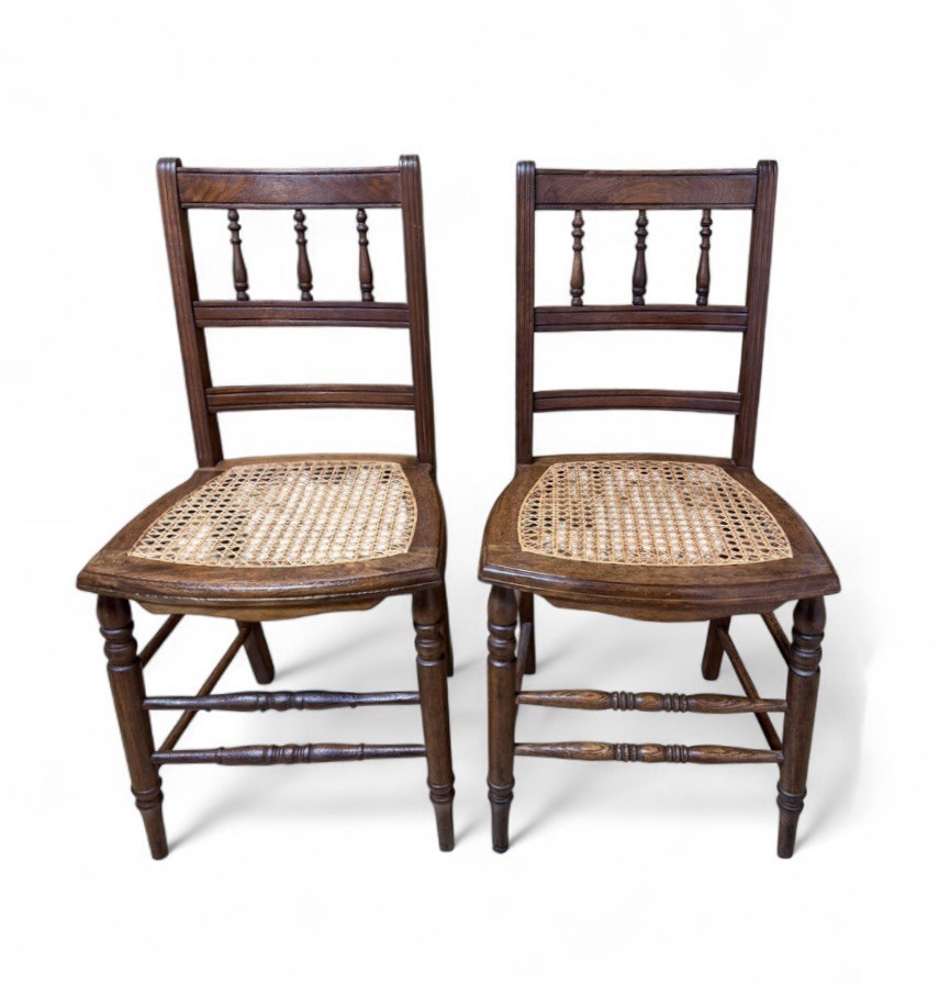 Pair of Early American Solid Wood and Cane Seat Spindle Back Side Chairs