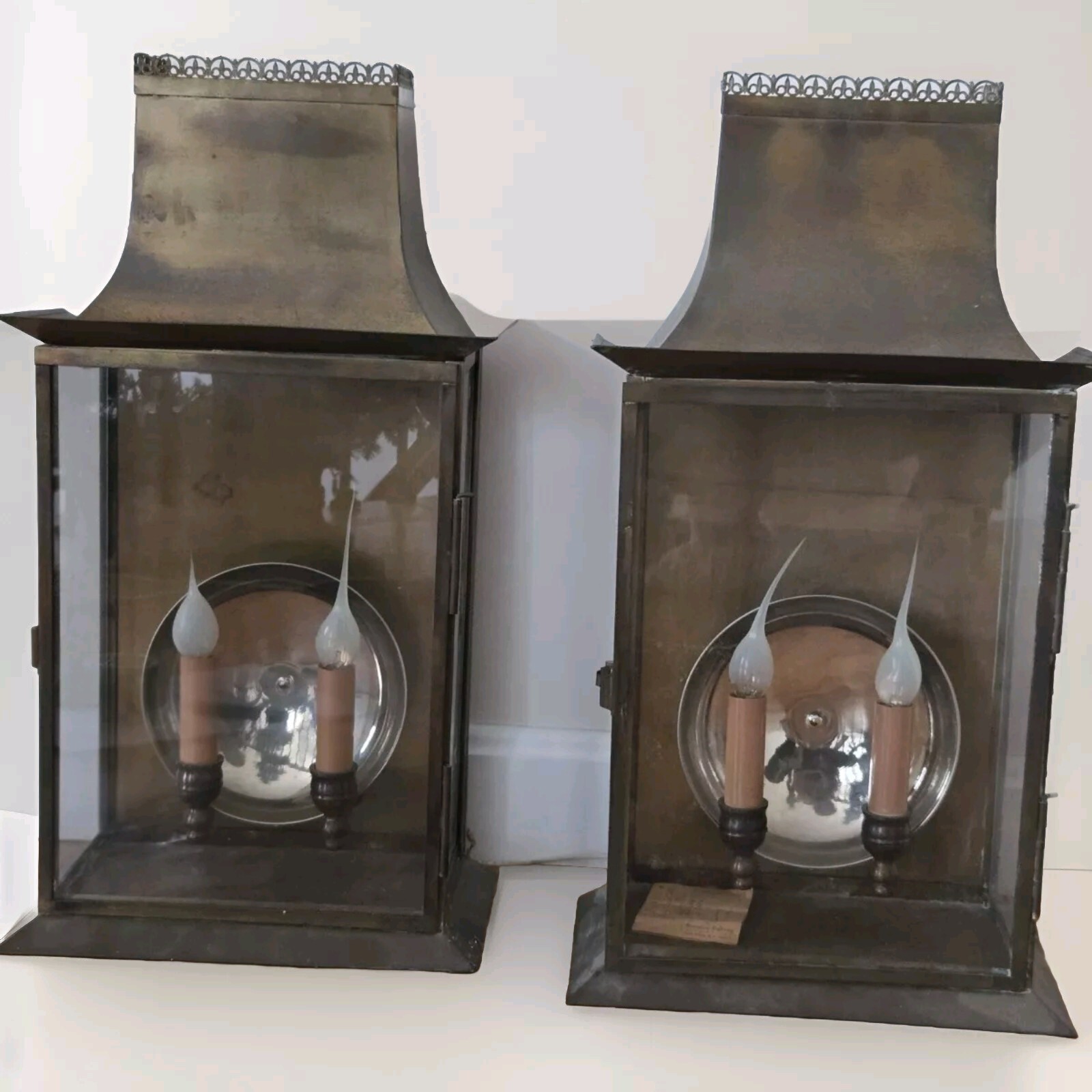 Pair Antique Reproduction of Bronze & Brass Lantern Wall Sconces