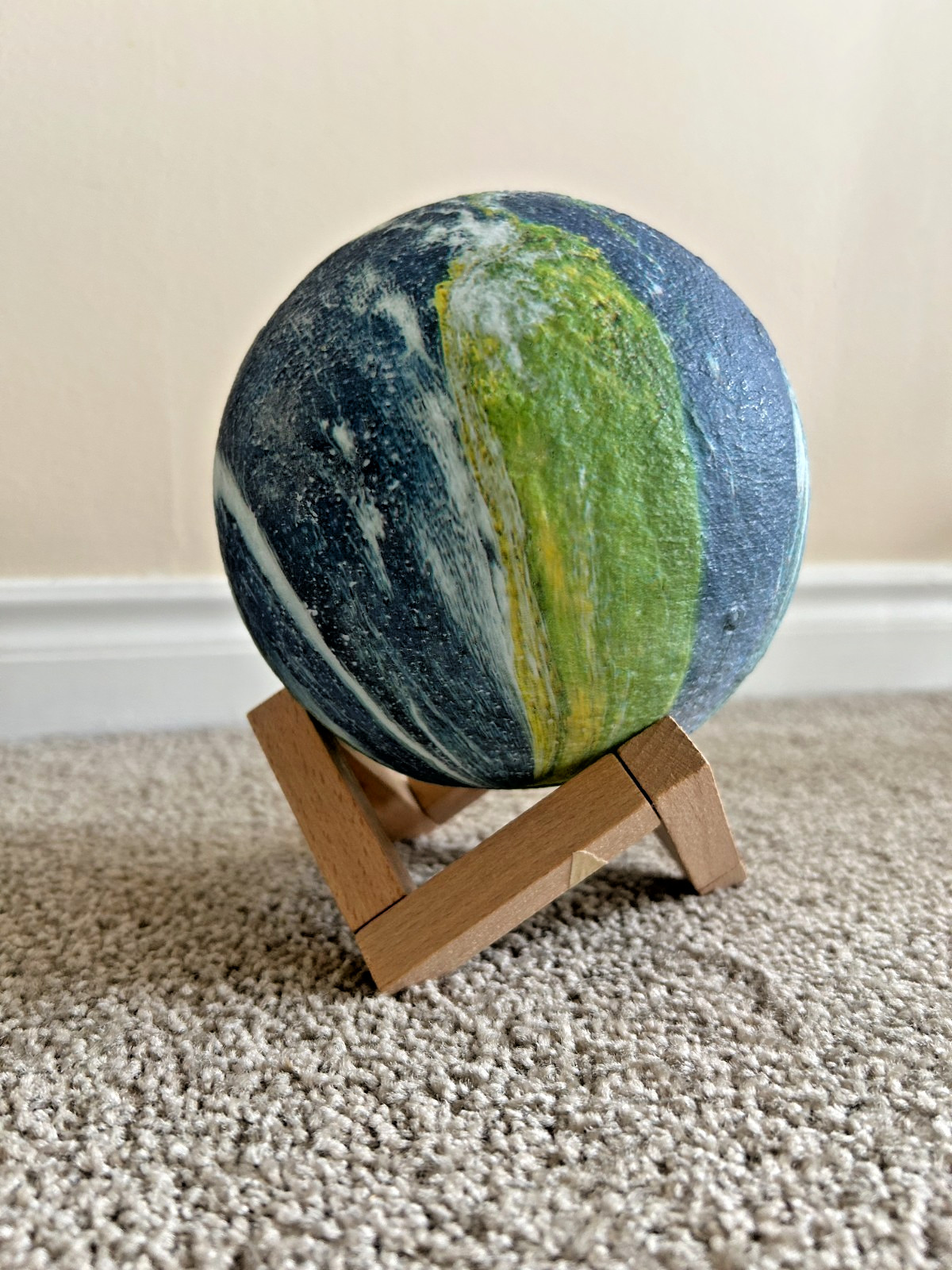Earth Globe Sphere Blue Green Ball Decor Wood Stand Desk Ornament Handmade Look