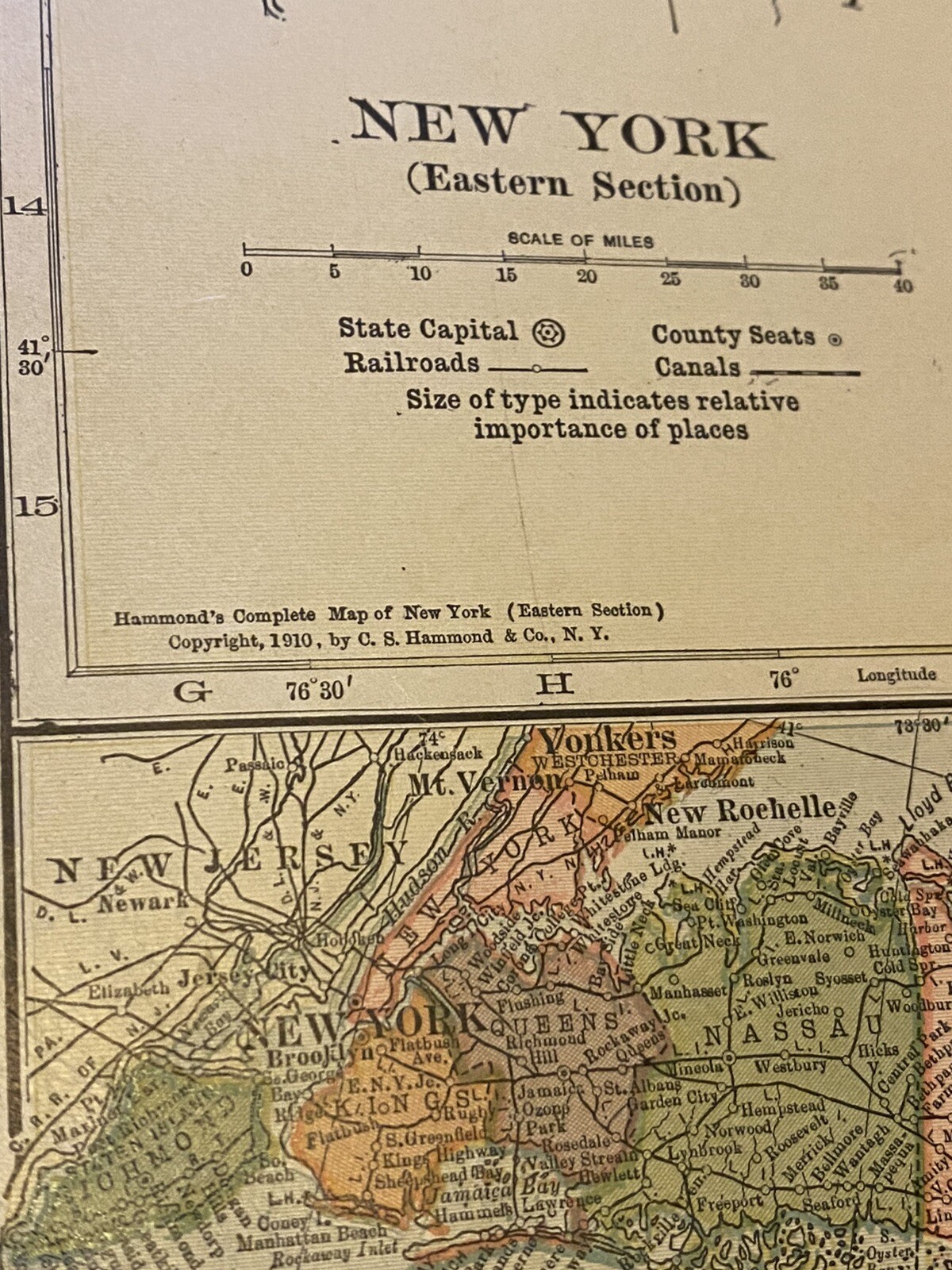 1910 Colored COUNTY Map “Eastern NEW YORK & L.I.” 13″ X 20″ ~ Counties, Cities