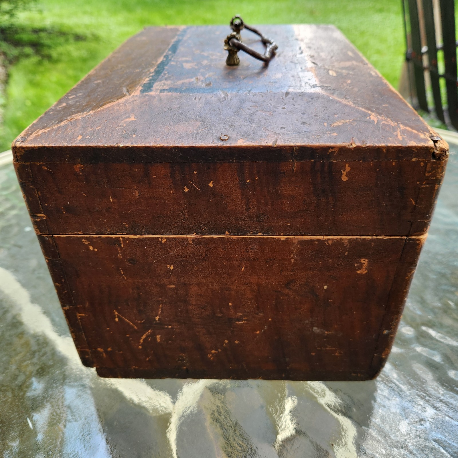Antique Primitive Small Travel Trunk Ditty, Wood Doc Box Dovetailed Corners