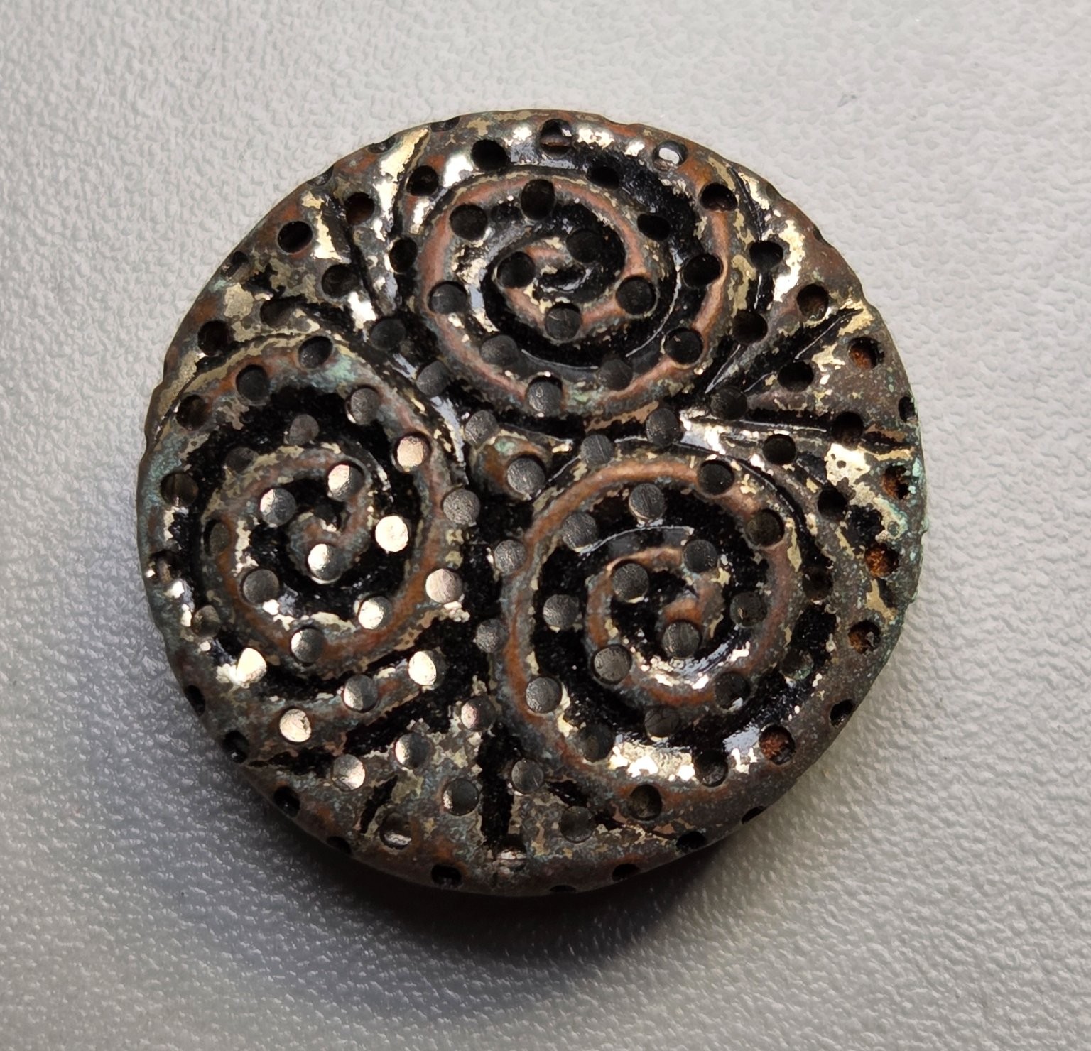 Antique Brass Button Triple Spiral Geometric approx. 11/16 in Self-Shank