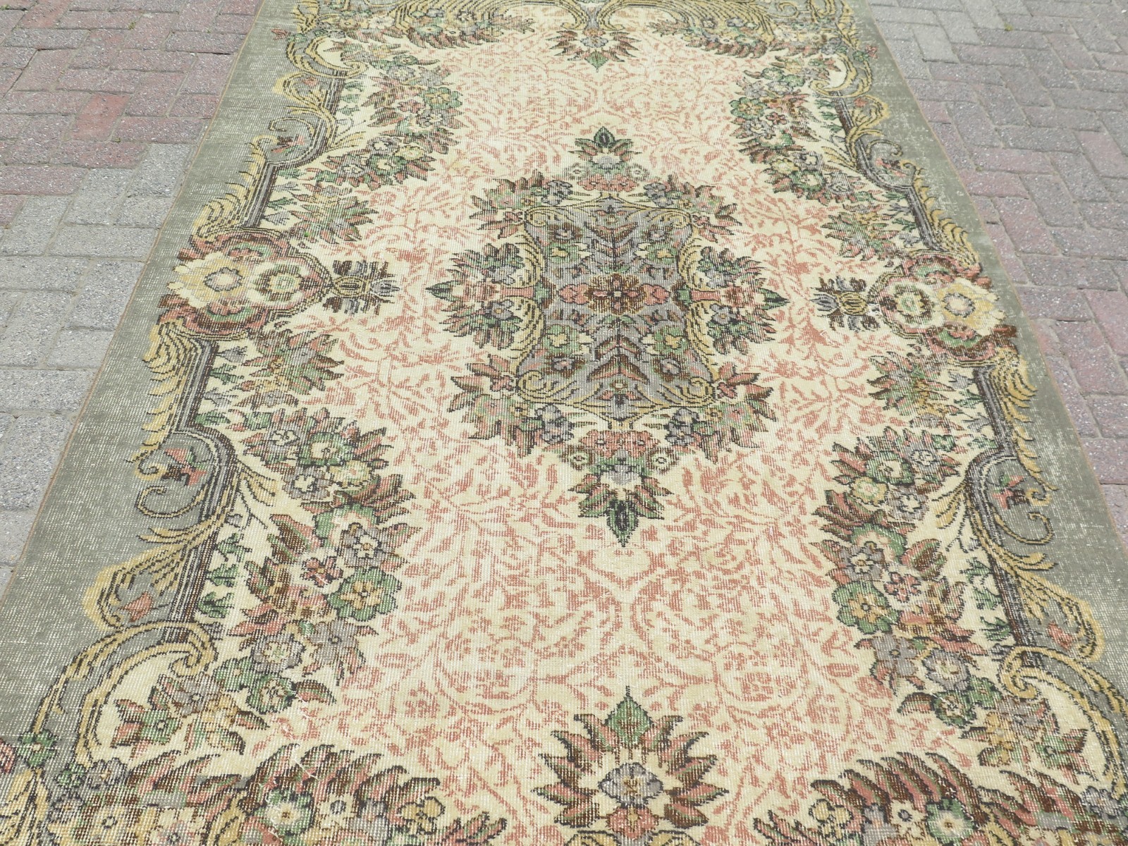 Sage Green Vintage Distressed Turkish Large Carpet, Handmade Wool Rug 70″x114″
