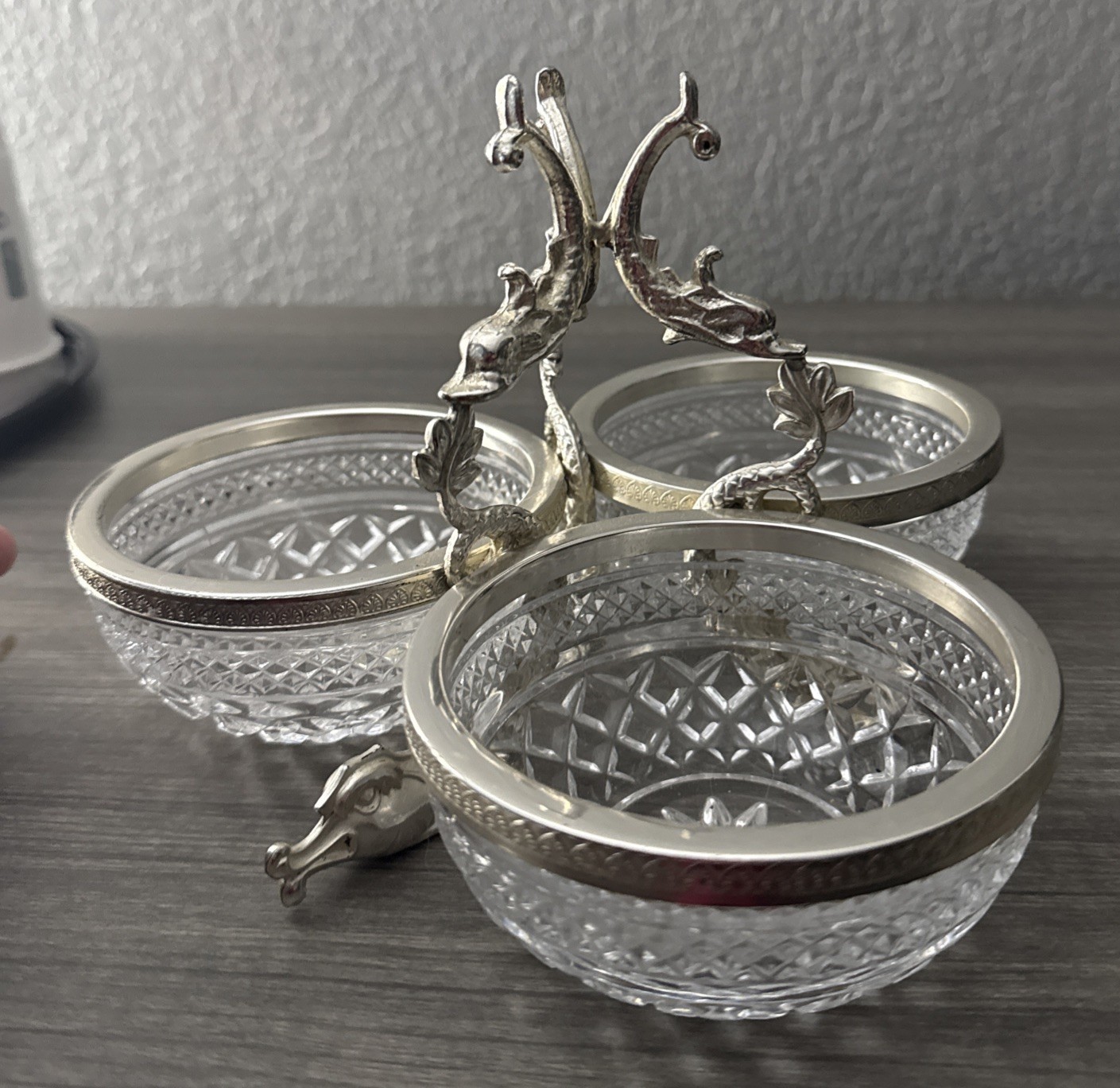 VTG Triple Condiment Server Diamond Cut Glass Bowls Silverplate Leaping Dolphins