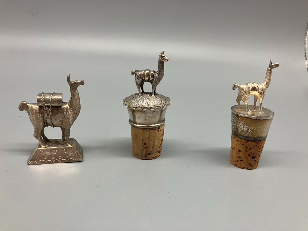 SOUTH AMERICAN COIN SILVER LLAMA FIGURINE CORK BOTTLE STOPPER