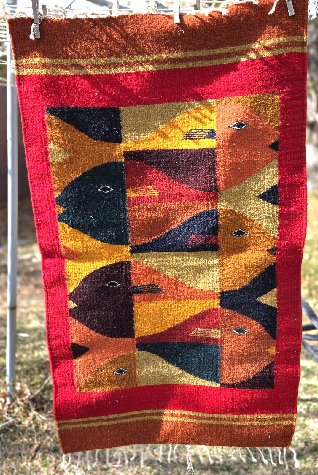Vintage Handwoven Rustic Home Rug Decor Zapotec Fish Wool Multicolor 24″X40″