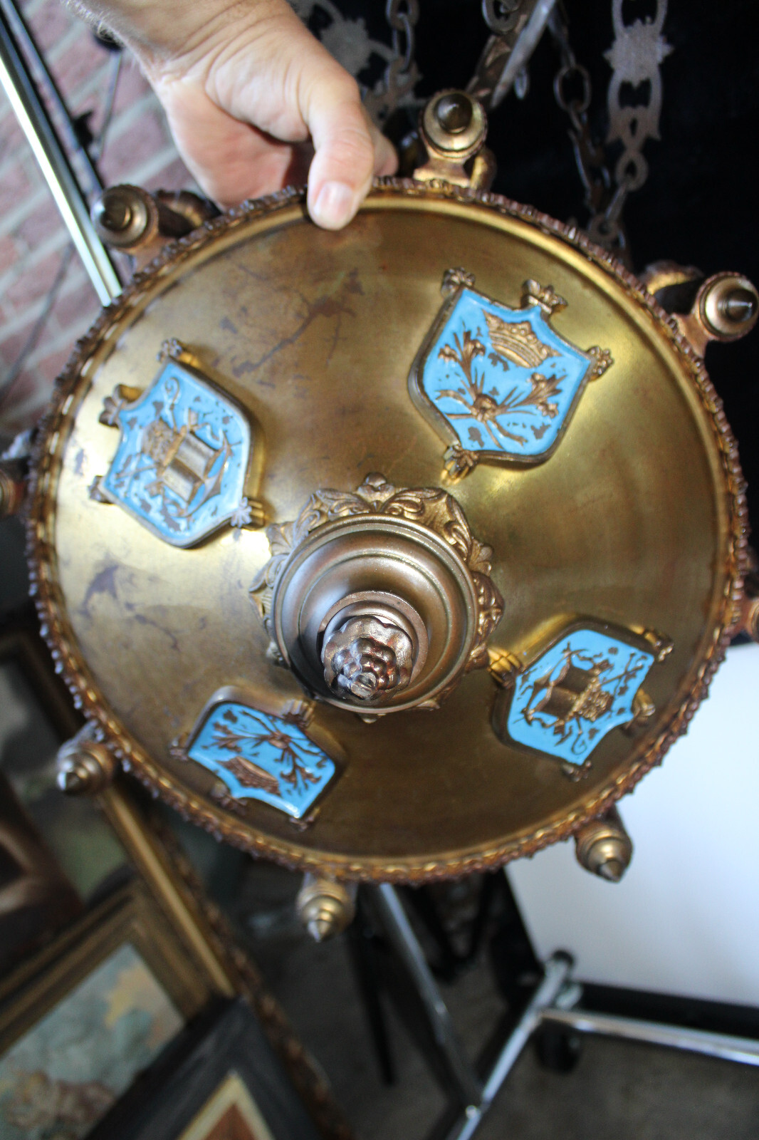 Antique 19thc church sanctuary Enamel Candle chandelier lamp neo-gothic rare