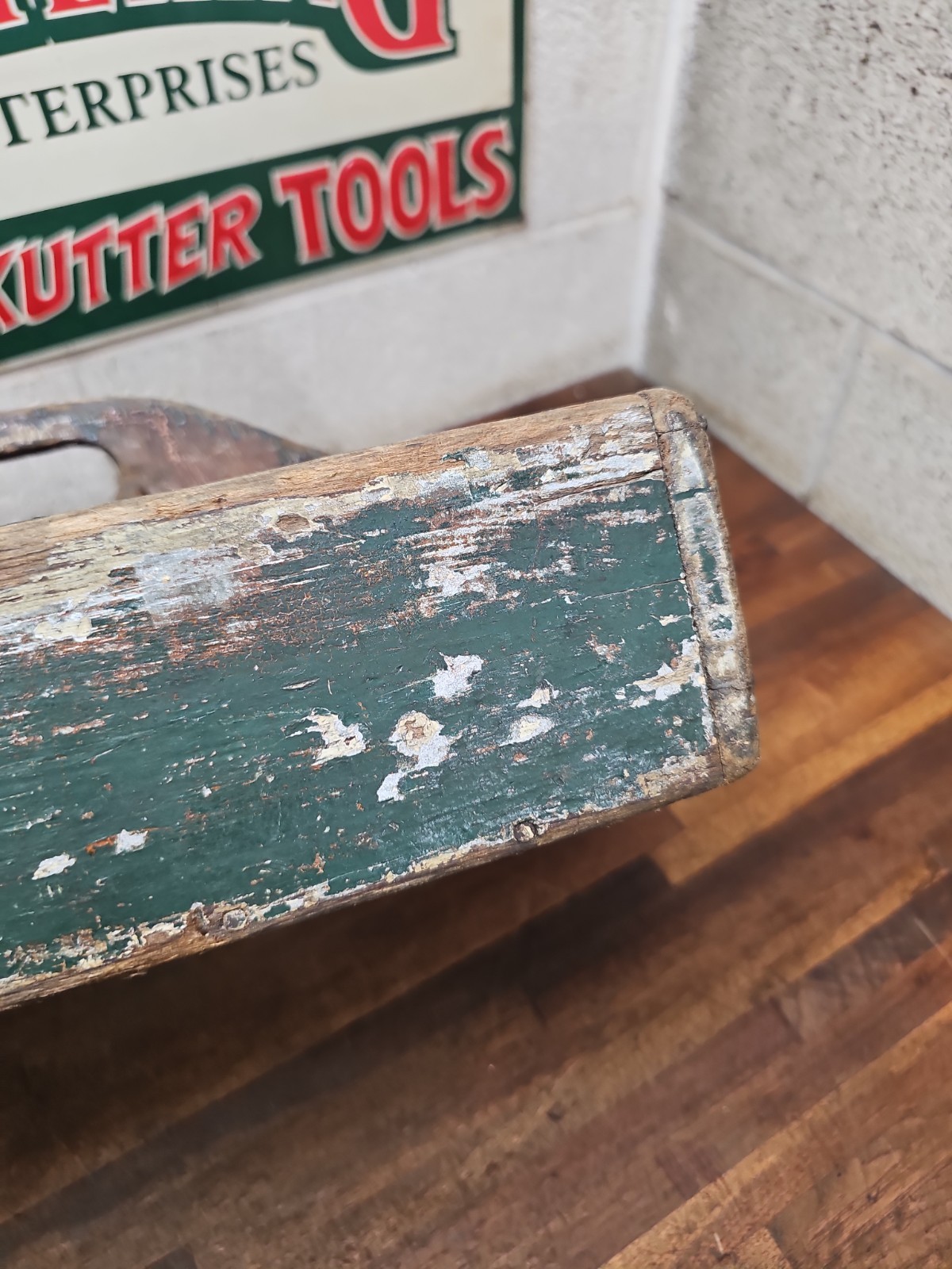 Y12- antique Primitive Tool Caddy Green Paint 16 x 13 x 4