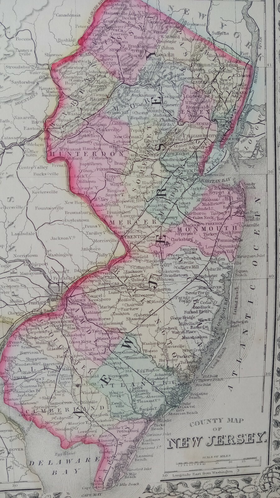 1867 County Map of New Jersey & County Map of Maryland and Delaware hand-colored